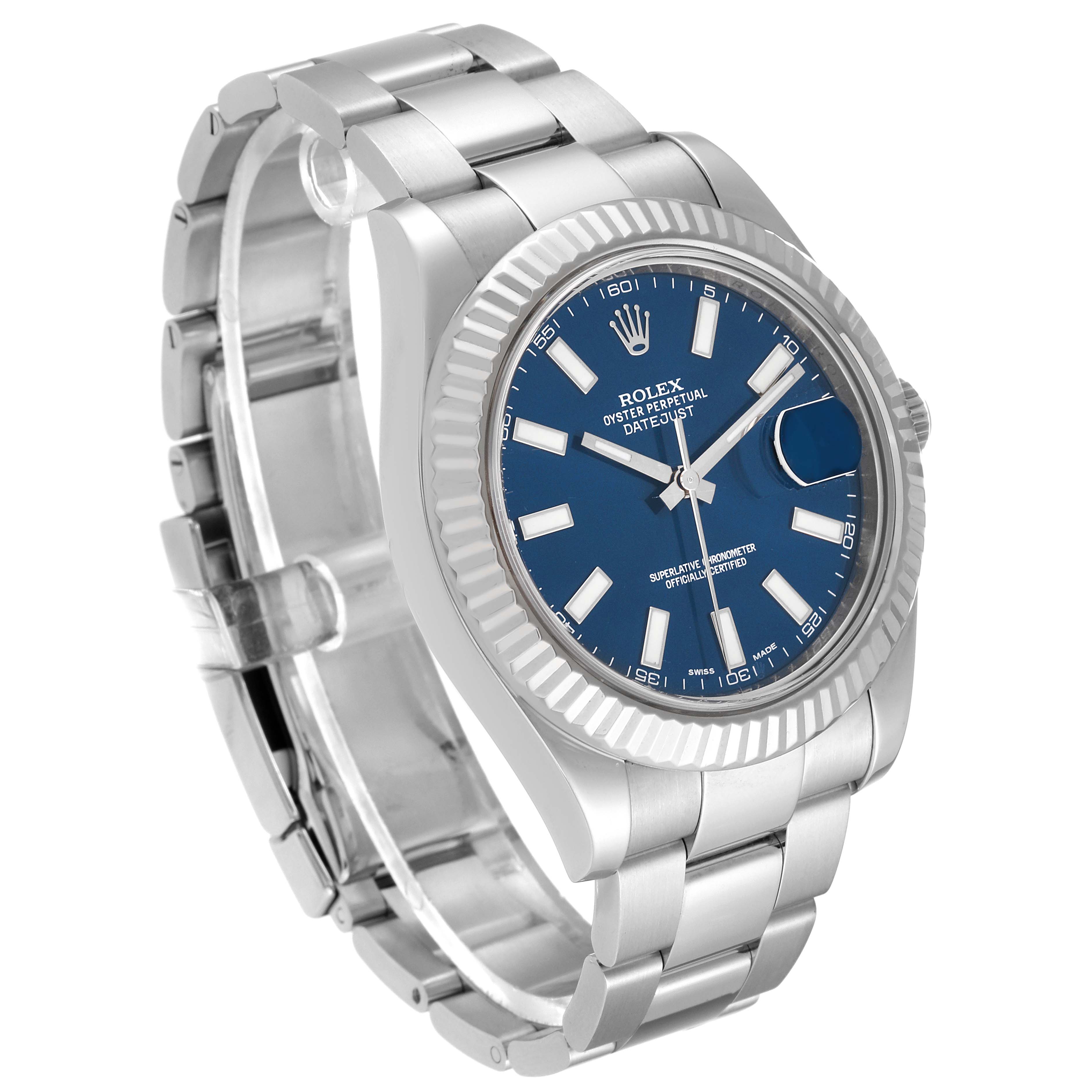 This image shows a Rolex Datejust 41 116334 Men
s Stainless Steel Blue Dial 116334 Men
s Stainless Steel Blue Dial watch at a three-quarter angle, highlighting the face, bezel, and bracelet.