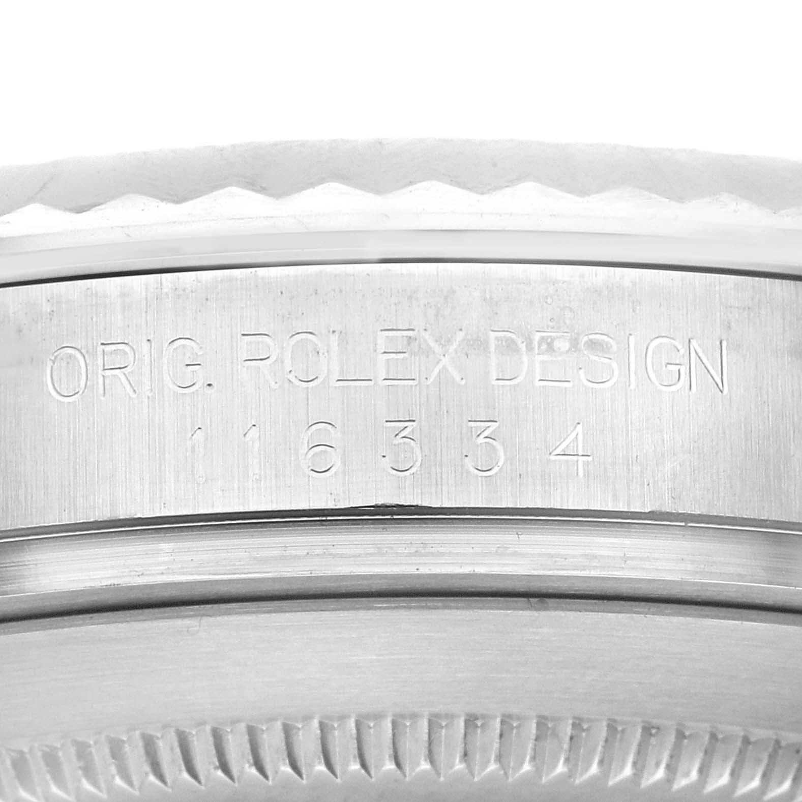 This is an up-close image of the case side showing the model number engraving on a Rolex Datejust 41 116334 Men
s Stainless Steel Blue Dial 116334 Men
s Stainless Steel Blue Dial.