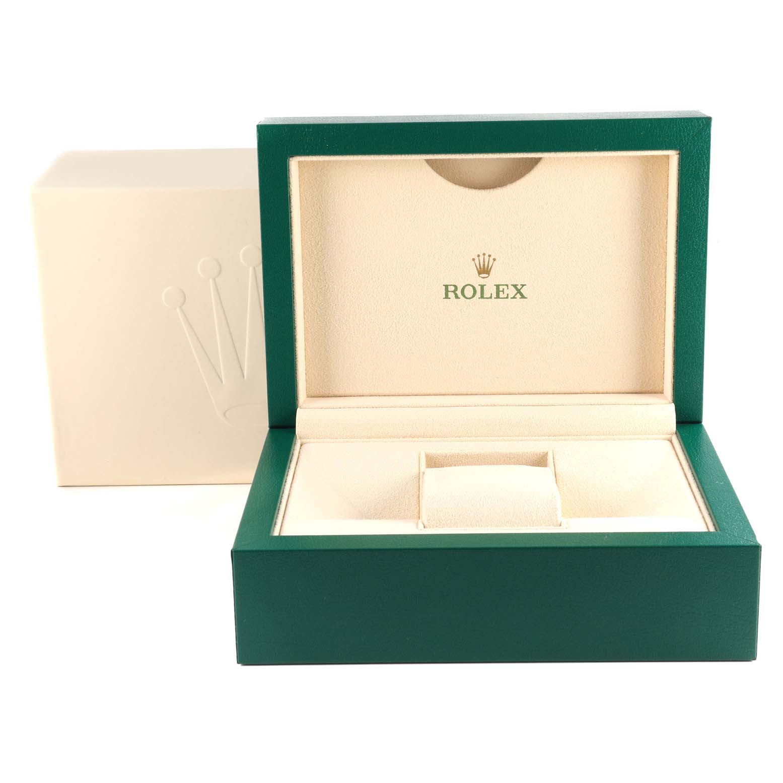 This image shows an open green and beige Rolex Datejust 41 116334 Men
s Stainless Steel Blue Dial 116334 Men
s Stainless Steel Blue Dial watch box, with a crown logo on the closed outer cover.