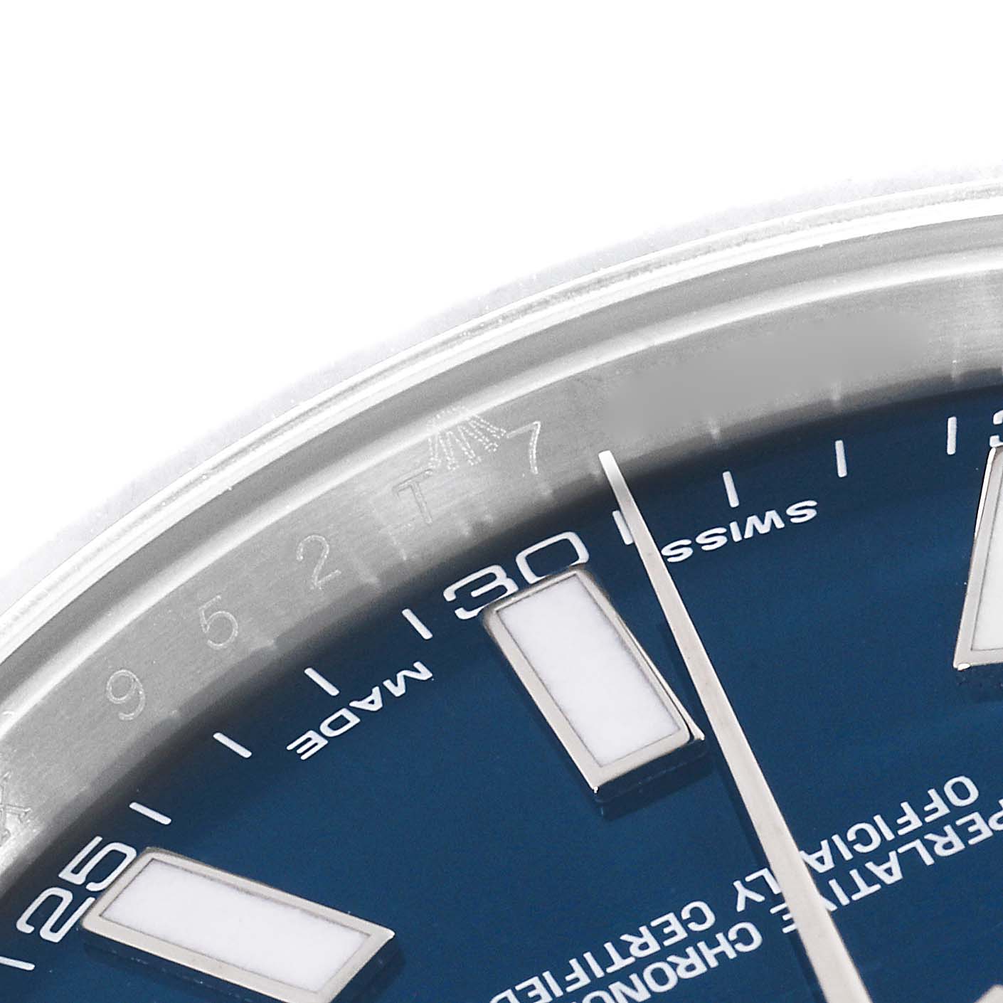 The image shows a close-up of the dial, seconds hand, and minute markers of a Rolex Datejust 41 116334 Men
s Stainless Steel Blue Dial 116334 Men
s Stainless Steel Blue Dial watch, highlighting the Swiss Made text.