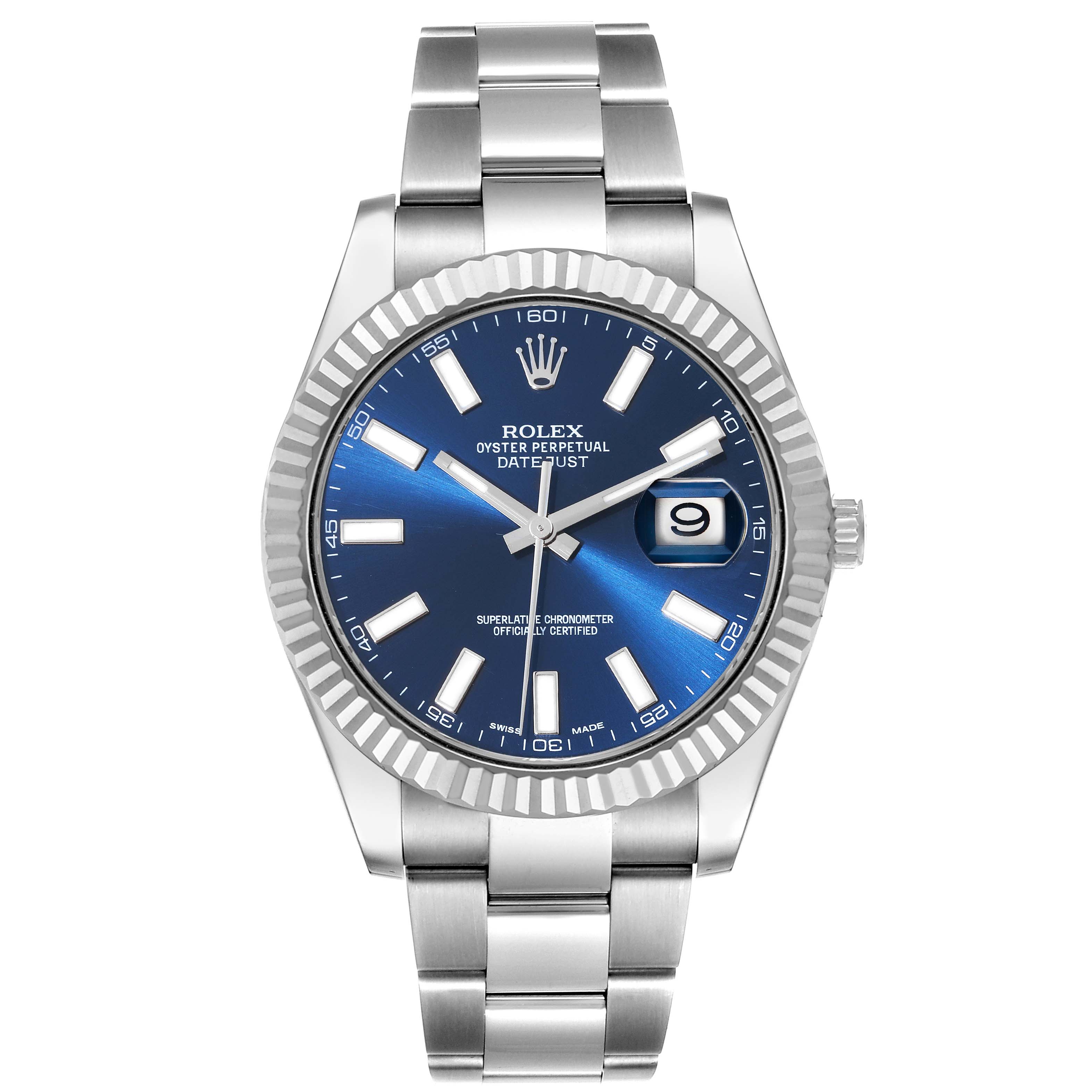 The image shows a front view of the Rolex Datejust 41 116334 Men
s Stainless Steel Blue Dial 116334 Men
s Stainless Steel Blue Dial with a blue dial, silver hour markers, and a stainless steel bracelet.