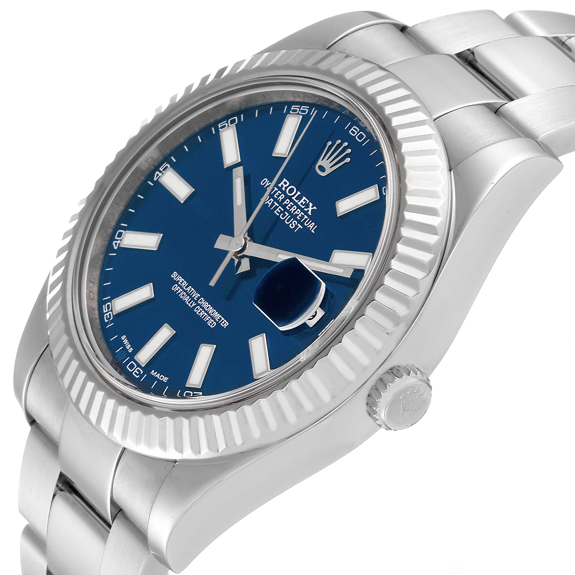 The image shows a close-up side angle of the Rolex Datejust 41 116334 Men
s Stainless Steel Blue Dial 116334 Men
s Stainless Steel Blue Dial watch, highlighting the dial, bezel, crown, and part of the bracelet.