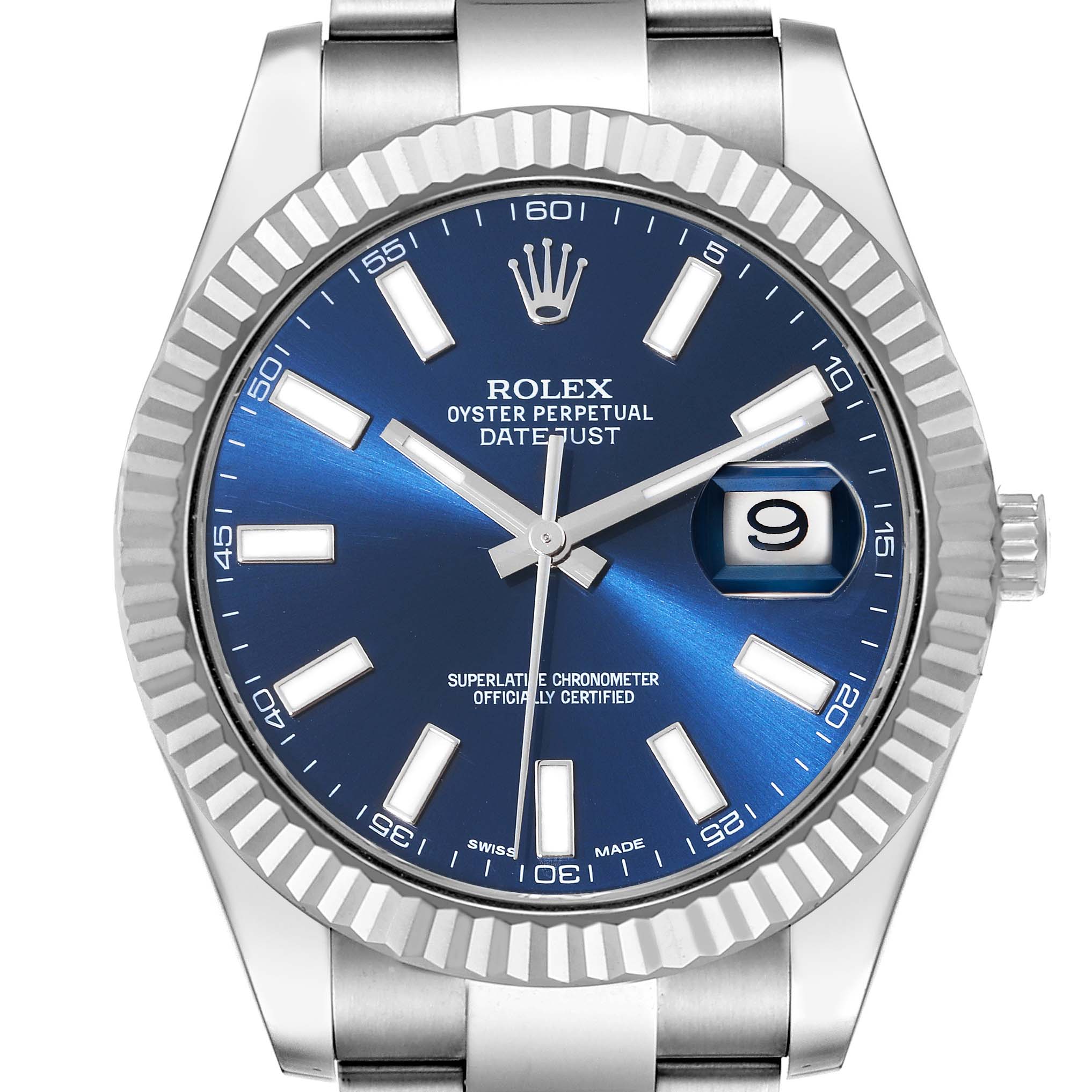 This image shows a front view of the Rolex Datejust 41 116334 Men
s Stainless Steel Blue Dial 116334 Men
s Stainless Steel Blue Dial watch, highlighting its blue dial, fluted bezel, and date display at 3 o
clock.