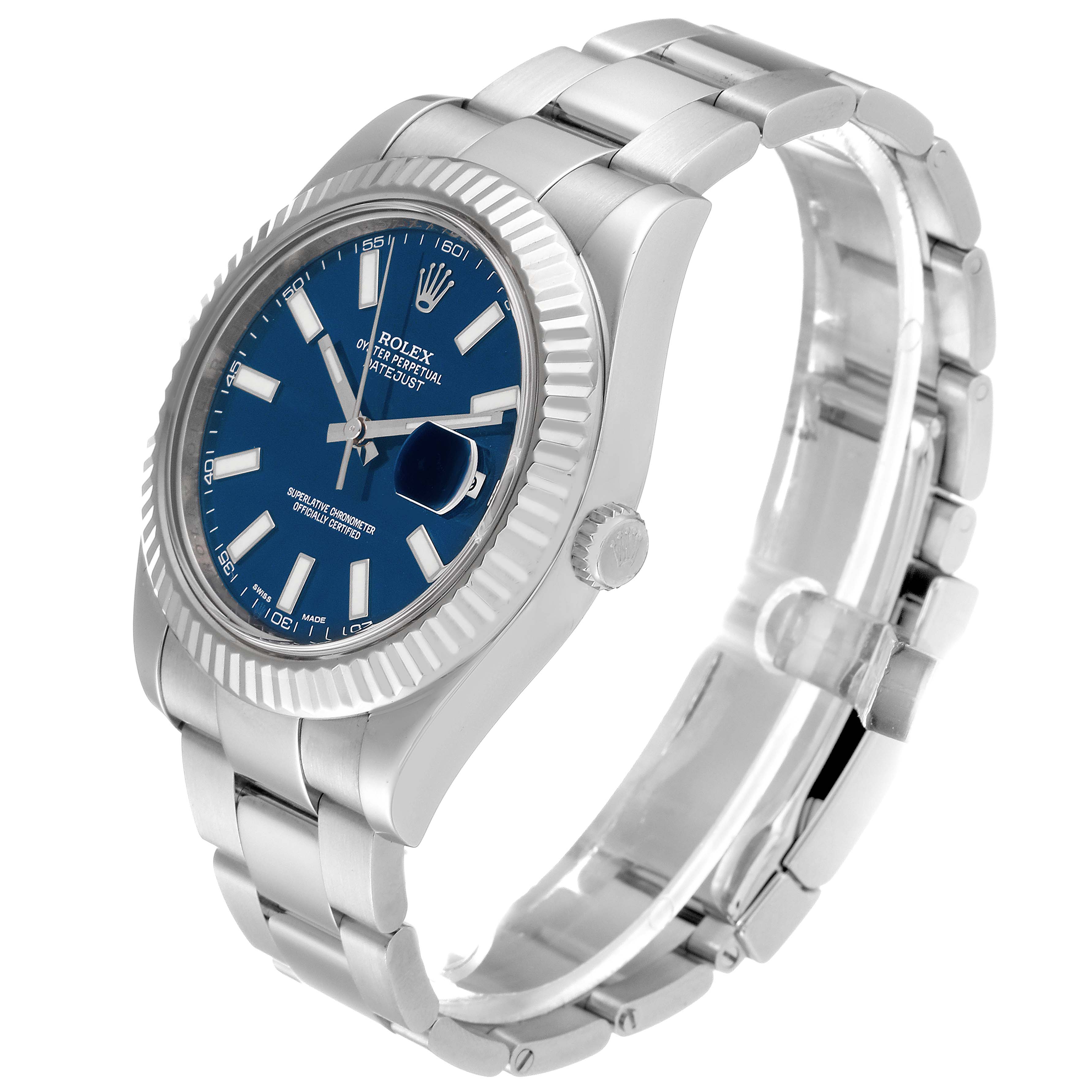 The image shows a three-quarter view of a Rolex Datejust 41 116334 Men
s Stainless Steel Blue Dial 116334 Men
s Stainless Steel Blue Dial watch, highlighting its blue dial, bezel, and bracelet.