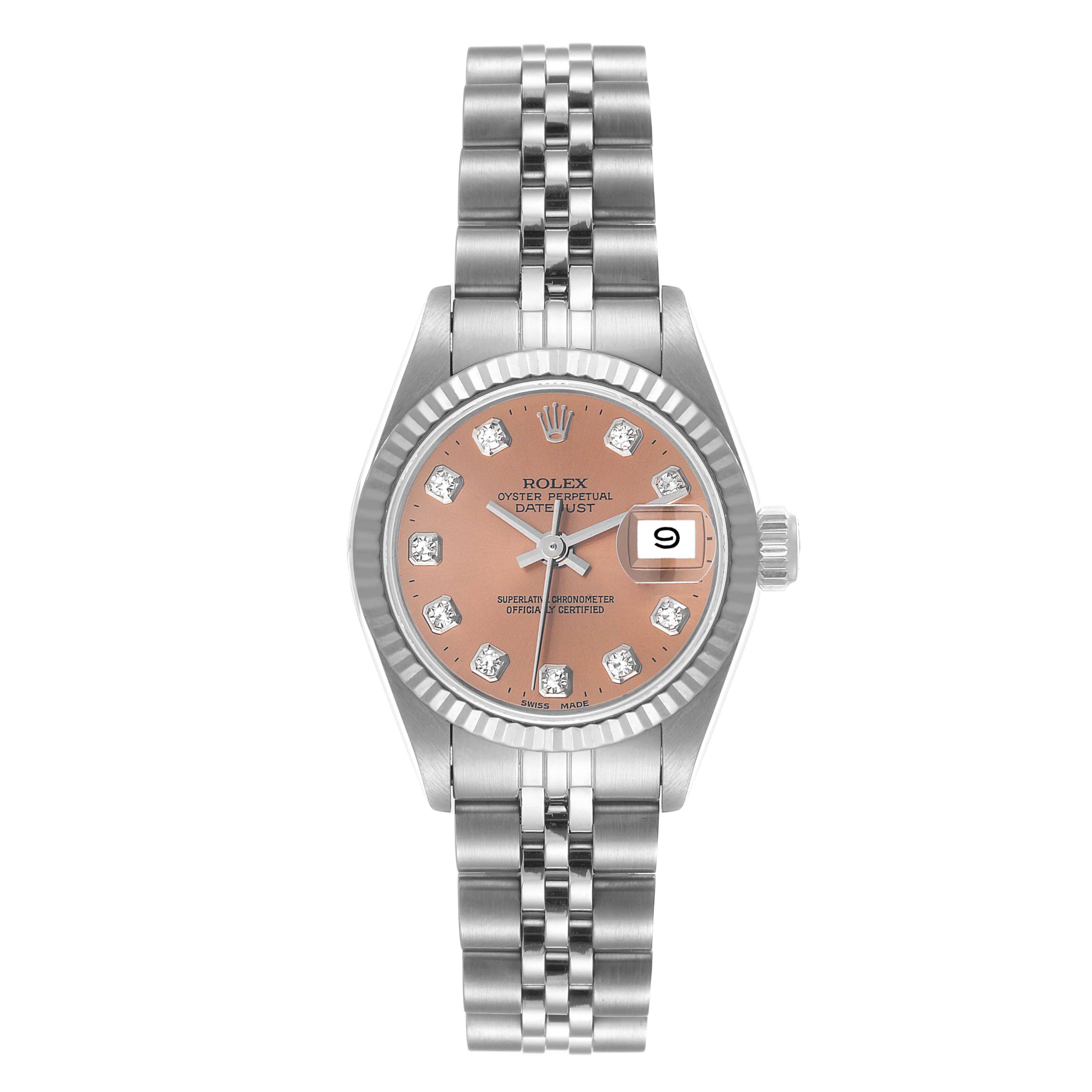 This image shows the front view of a Rolex Datejust 69174 Women's Stainless Steel Pink Dial 69174 Women's Stainless Steel Pink Dial watch with a stainless steel bracelet.
