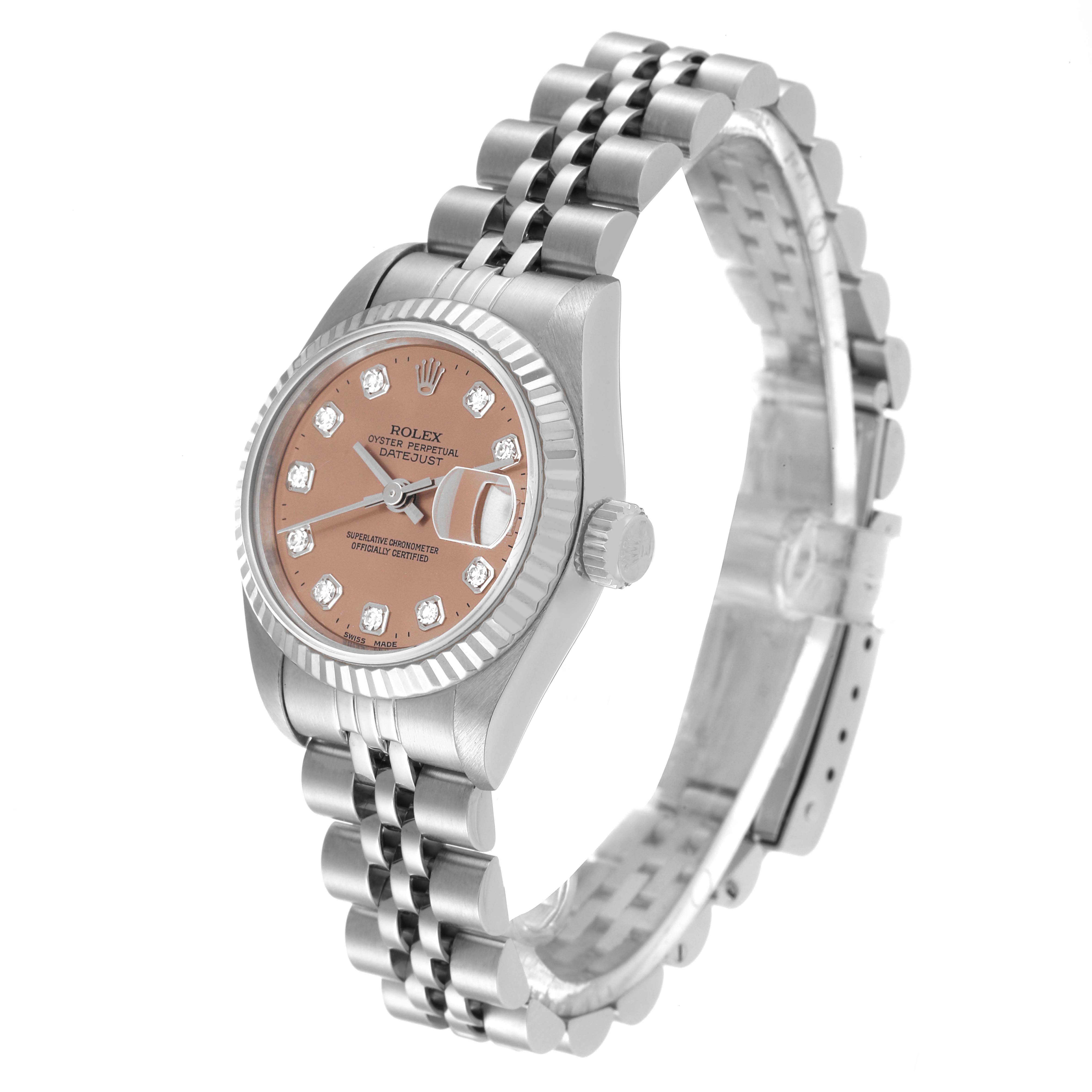 The Rolex Datejust 69174 Women's Stainless Steel Pink Dial 69174 Women's Stainless Steel Pink Dial model watch is shown at a slight angle, highlighting the face, bezel, crown, and bracelet.