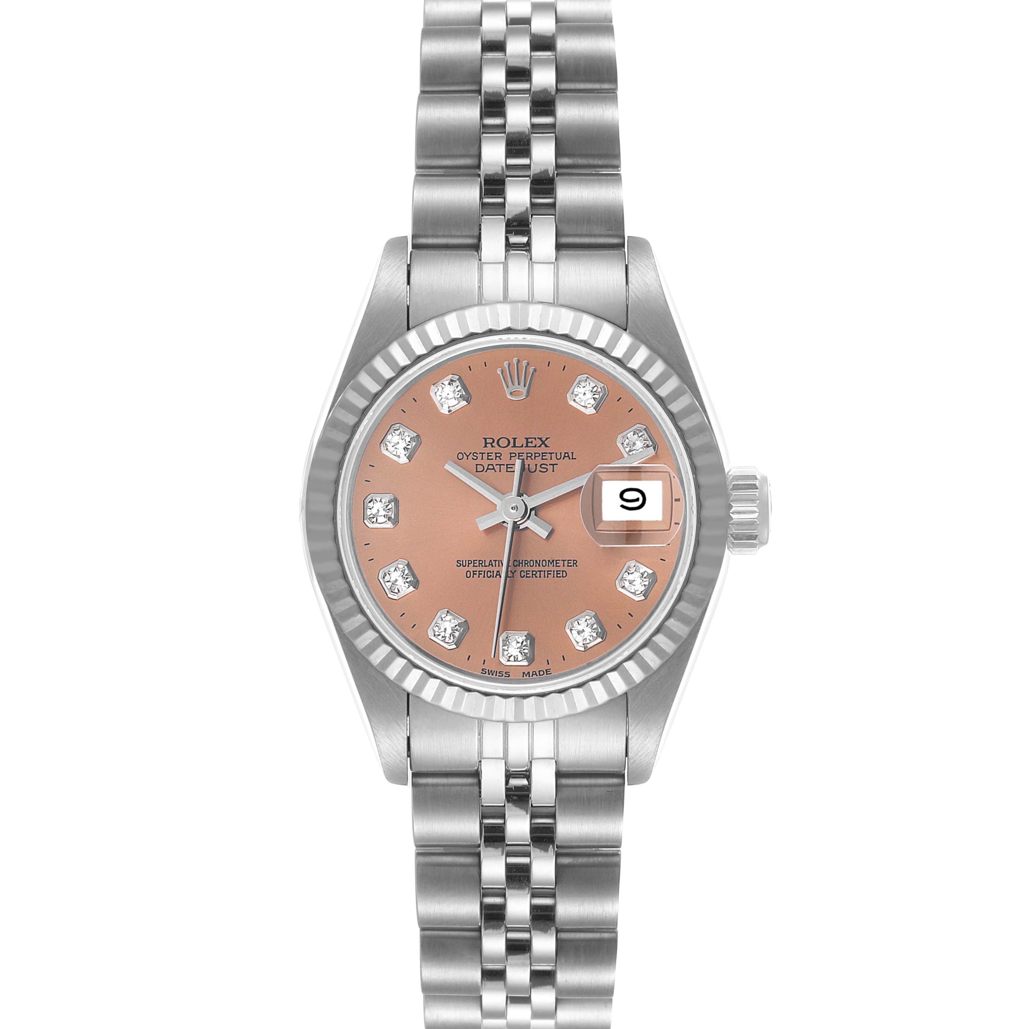 This image shows a front view of the Rolex Datejust 69174 Women's Stainless Steel Pink Dial 69174 Women's Stainless Steel Pink Dial watch, featuring a pink dial and silver jubilee bracelet.