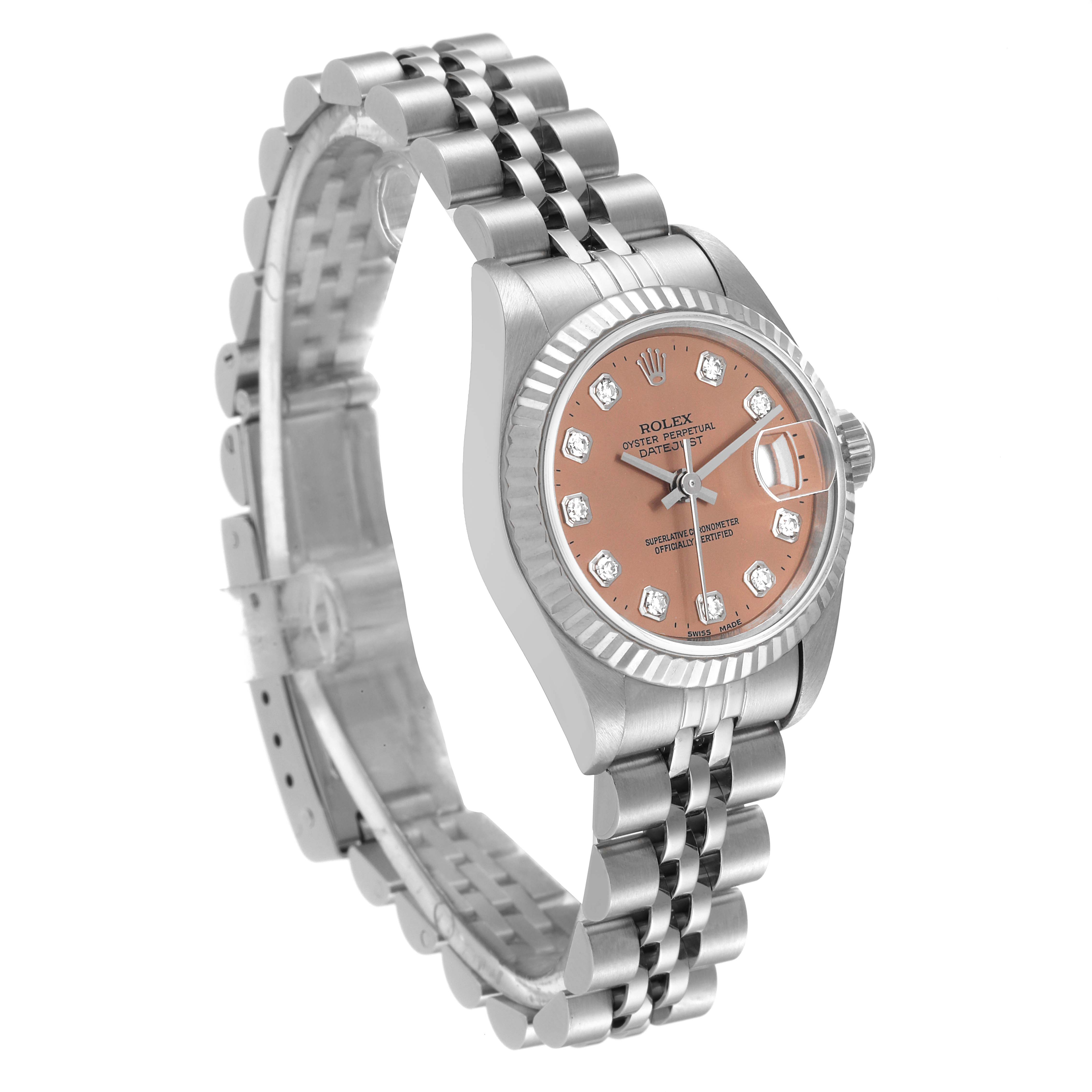 This Rolex Datejust 69174 Women's Stainless Steel Pink Dial 69174 Women's Stainless Steel Pink Dial watch is shown at an angled view displaying the face, bezel, crown, and part of the bracelet.