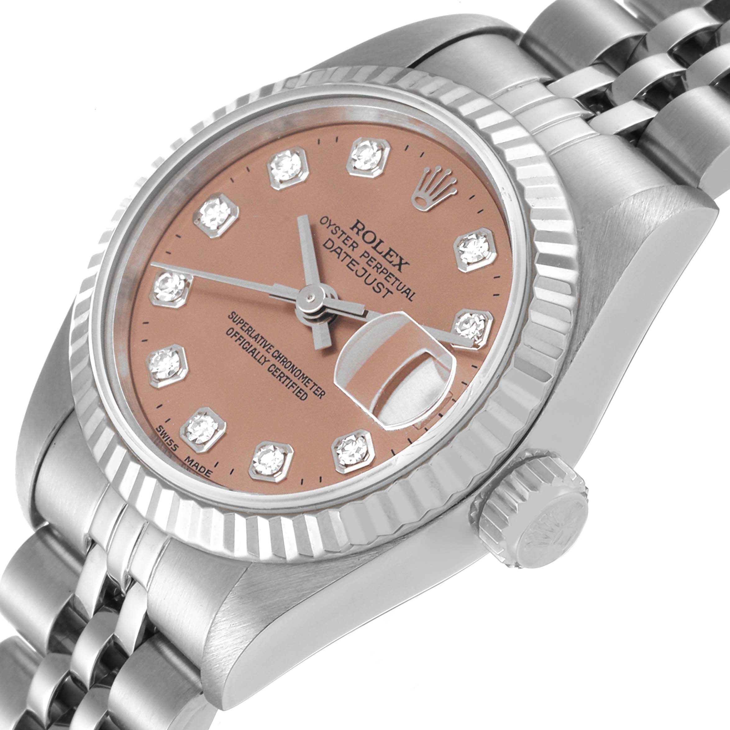 This image shows a Rolex Datejust 69174 Women's Stainless Steel Pink Dial 69174 Women's Stainless Steel Pink Dial watch at a slight angle, highlighting the dial, bezel, and portion of the bracelet.