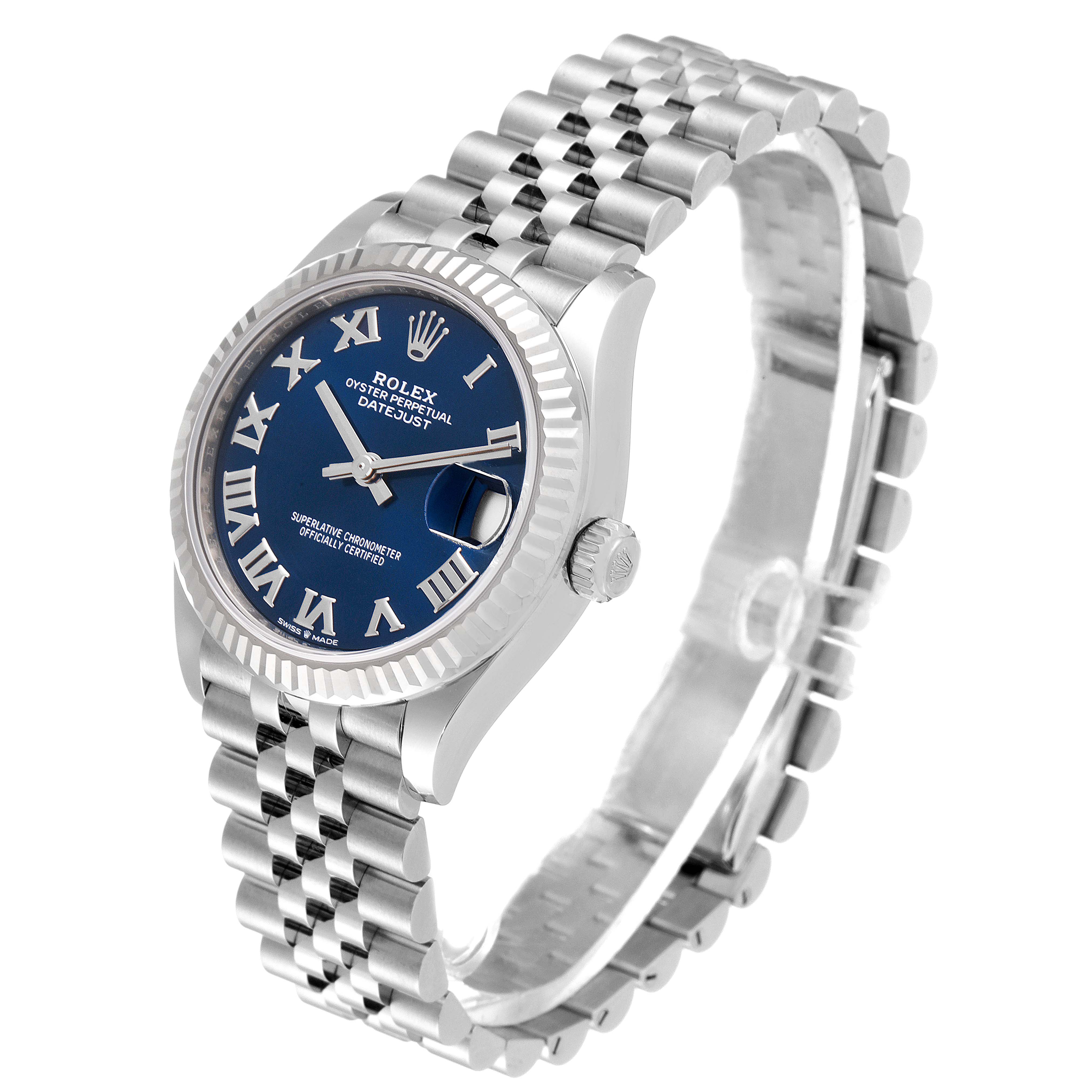 The image shows a Rolex Mid-Size 278274 Women's Stainless Steel Blue Dial 278274 Women's Stainless Steel Blue Dial Datejust watch at a three-quarter angle, highlighting its blue dial, fluted bezel, and metal bracelet.