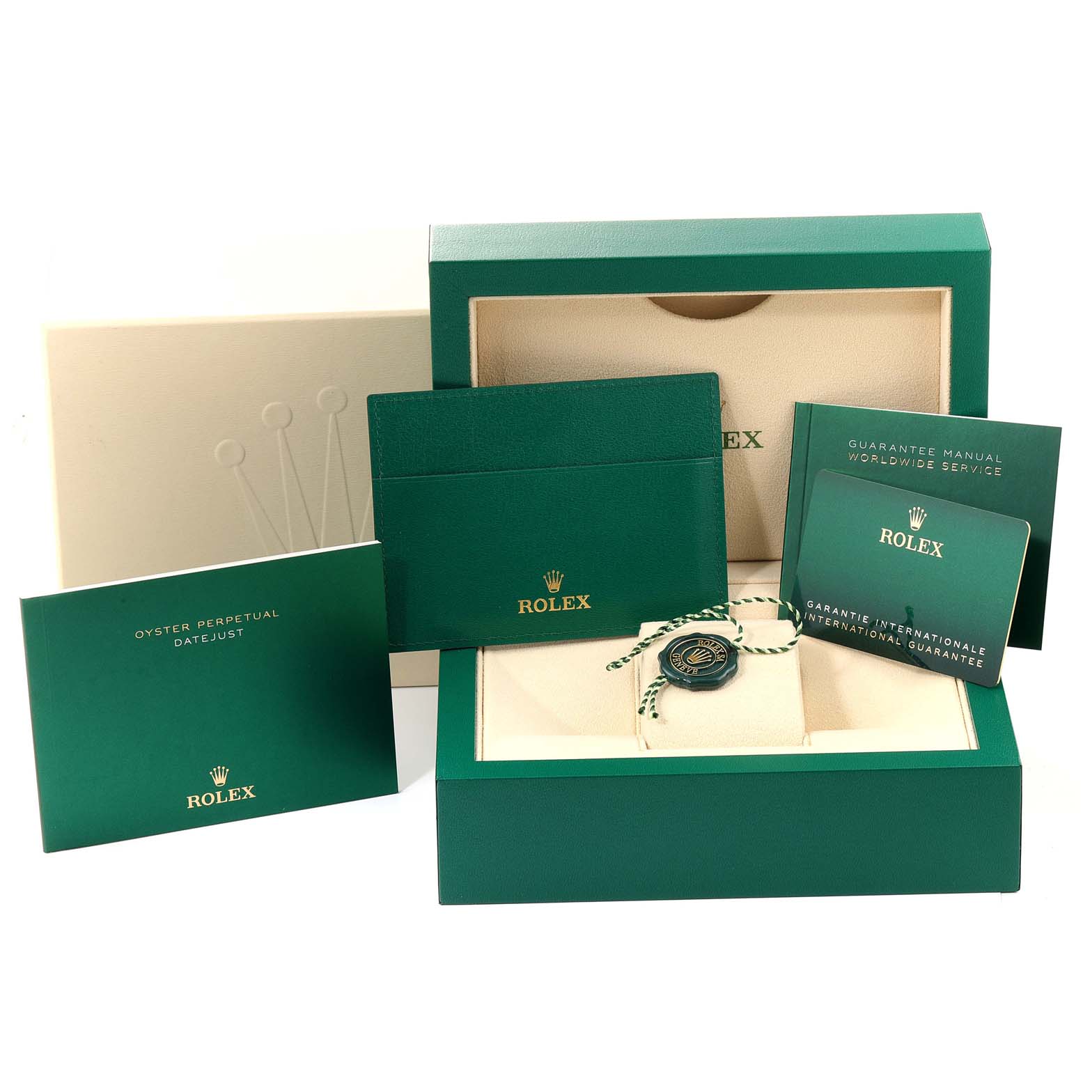 The image shows the box and accessories of a Rolex Mid-Size 278274 Women's Stainless Steel Blue Dial 278274 Women's Stainless Steel Blue Dial watch, including manuals, a certificate, and a Rolex tag.