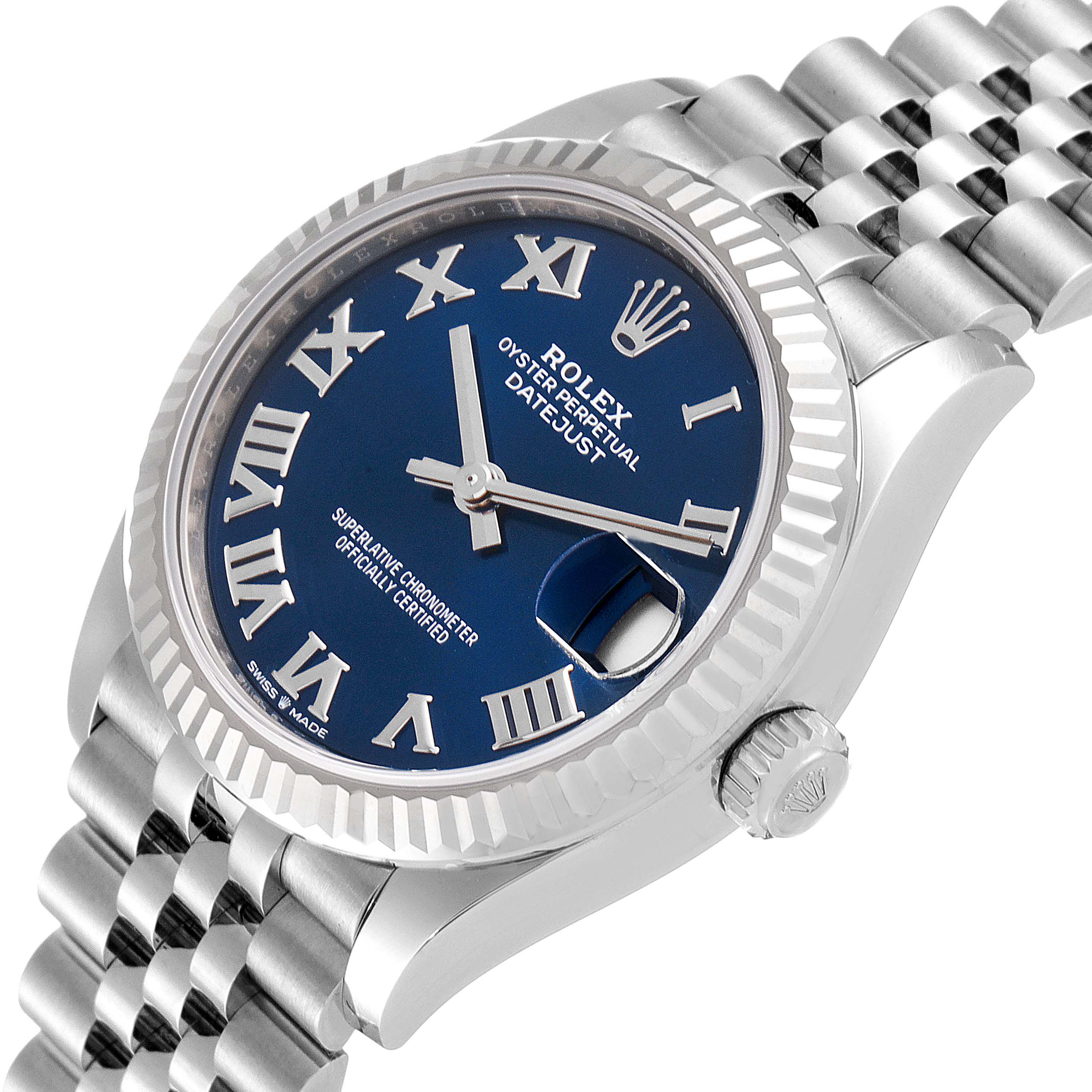 The Rolex Mid-Size 278274 Women's Stainless Steel Blue Dial 278274 Women's Stainless Steel Blue Dial Oyster Perpetual Datejust watch is shown at an angled view, highlighting its blue dial, fluted bezel, and bracelet.