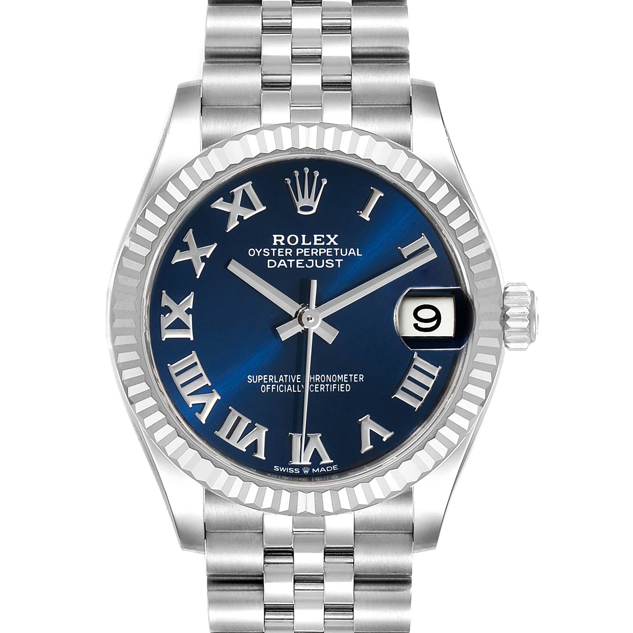 The image shows a frontal view of a mid-size Rolex Datejust watch, highlighting its blue dial, Roman numerals, and date window.