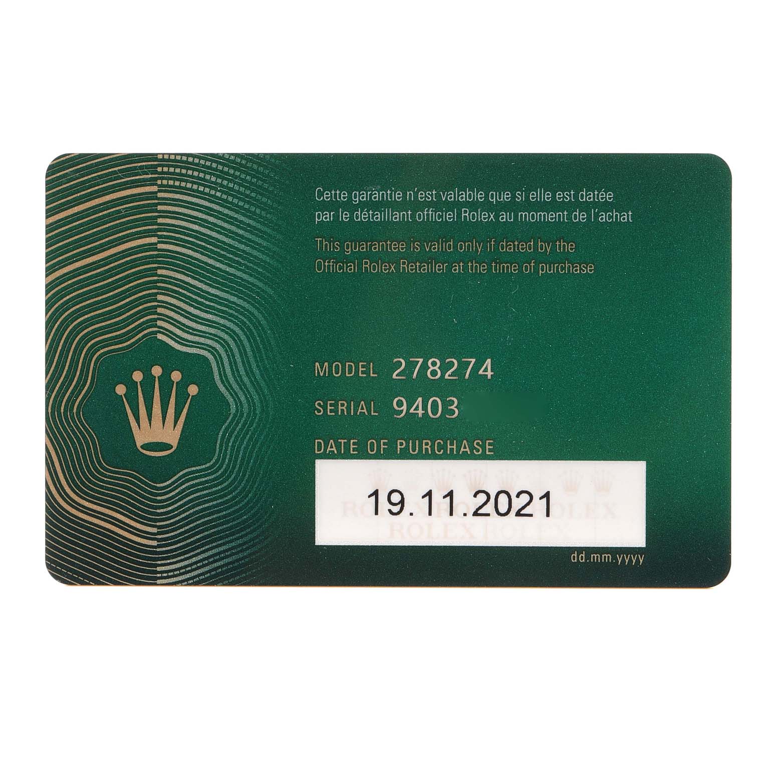 This image shows a Rolex warranty card for the Mid-Size model 278274, including the serial number and date of purchase.