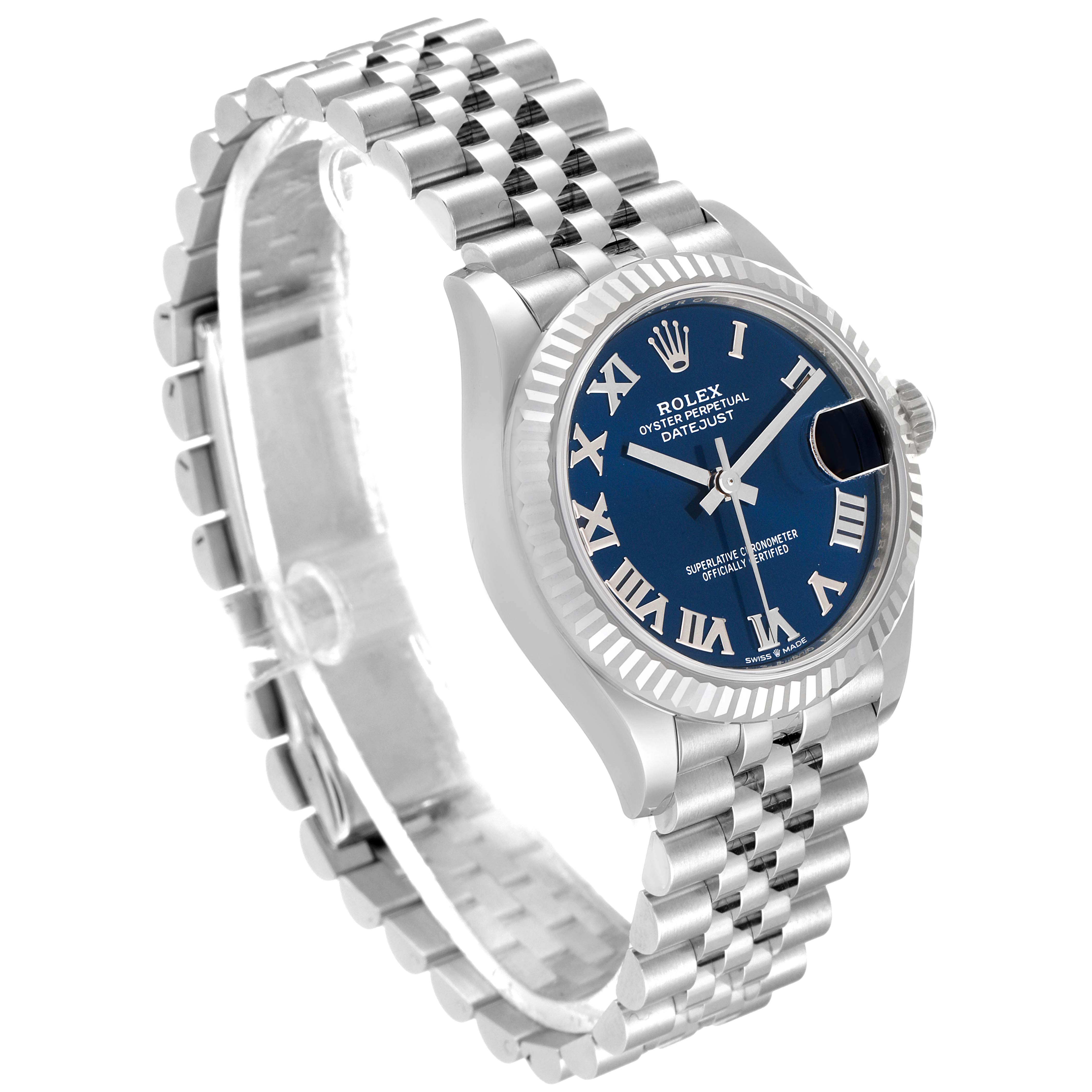The image shows a side angle of a Rolex Mid-Size 278274 Women's Stainless Steel Blue Dial 278274 Women's Stainless Steel Blue Dial Oyster Perpetual Datejust watch, highlighting the dial, bezel, bracelet, and crown.