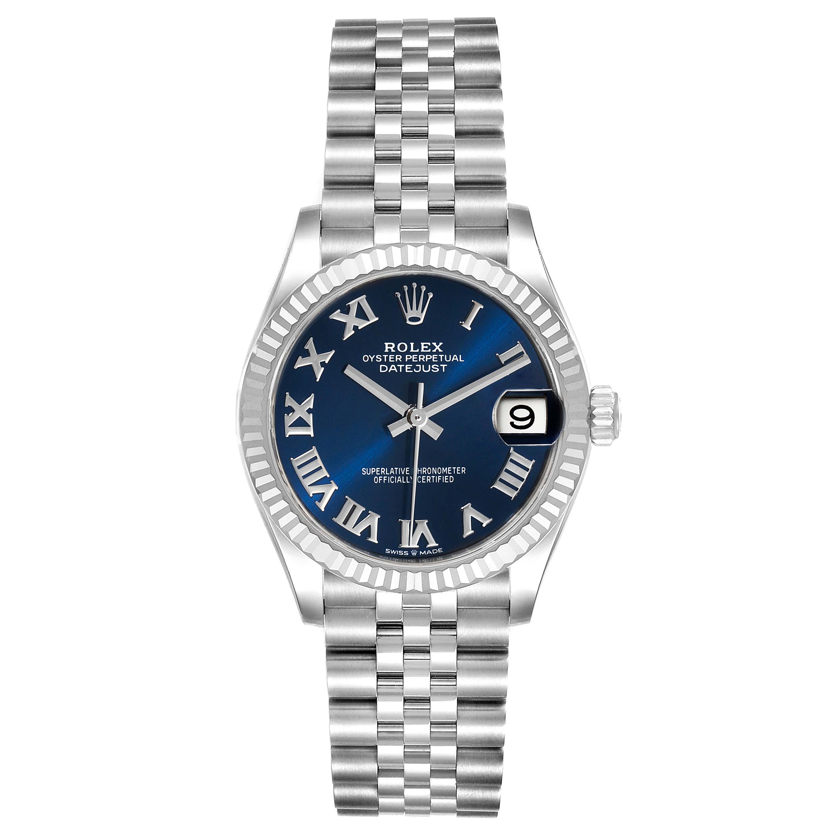 This image shows a front view of a Rolex Mid-Size 278274 Women's Stainless Steel Blue Dial 278274 Women's Stainless Steel Blue Dial Oyster Perpetual Datejust watch with a blue dial and Roman numeral indices.