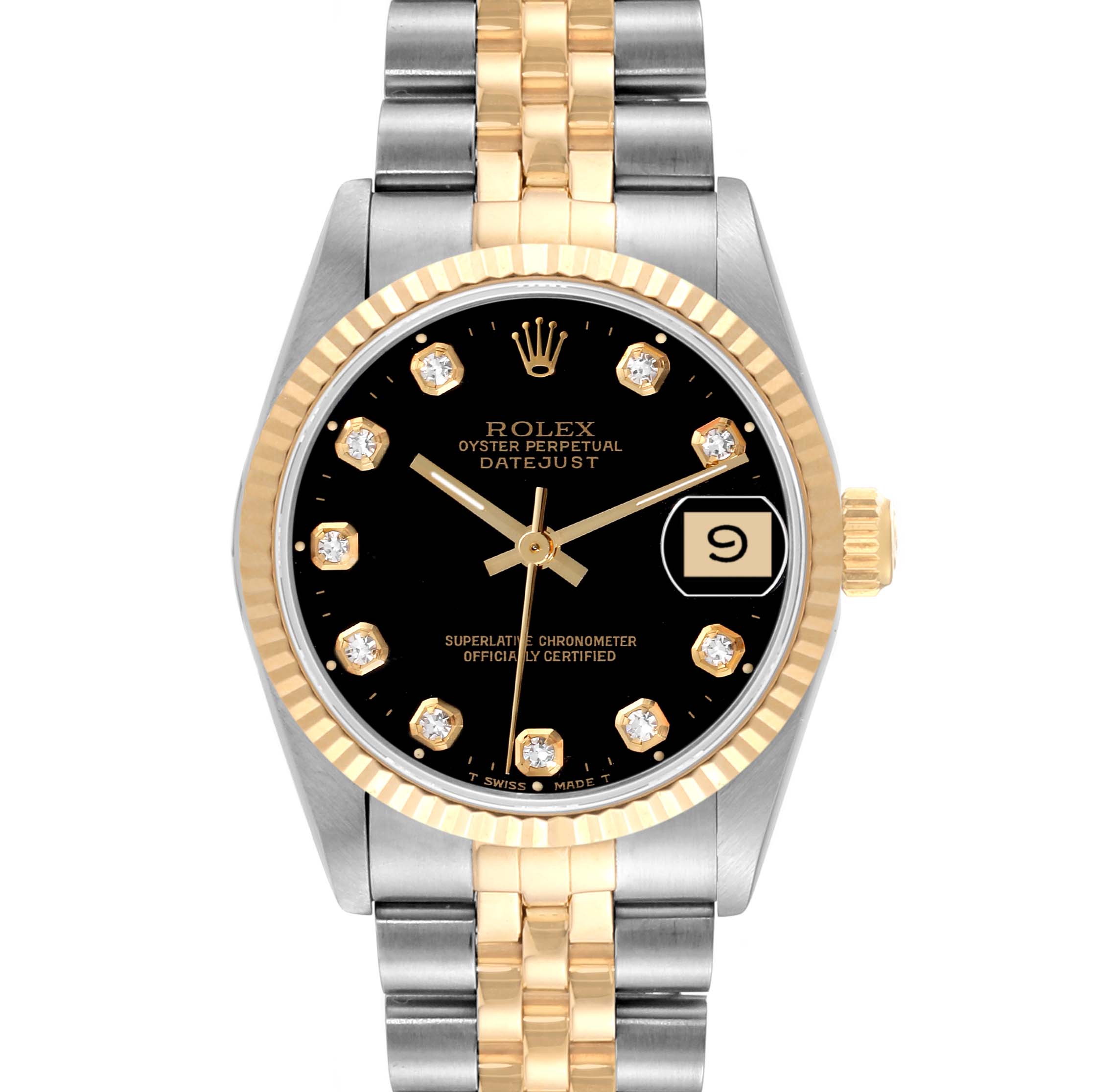 The image shows a front view of the Rolex Oyster Perpetual Datejust Mid-Size watch, featuring a black dial and two-tone metal bracelet.