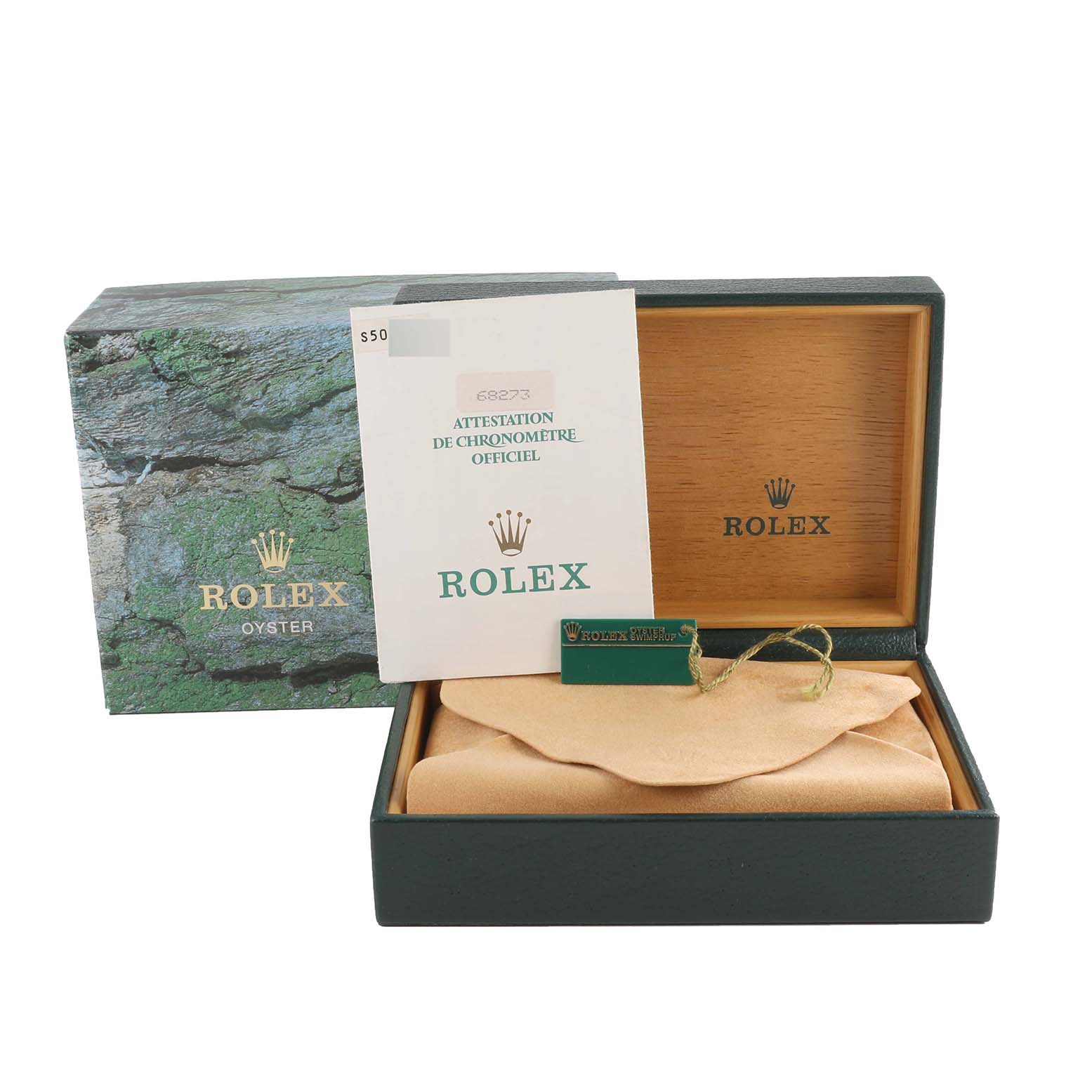 The image shows a Rolex Mid-Size 68273 Women's Steel and Gold (two tone) Black Dial 68273 Women's Steel and Gold (two tone) Black Dial model box, with the watch inside, along with its authenticity documents and tags.