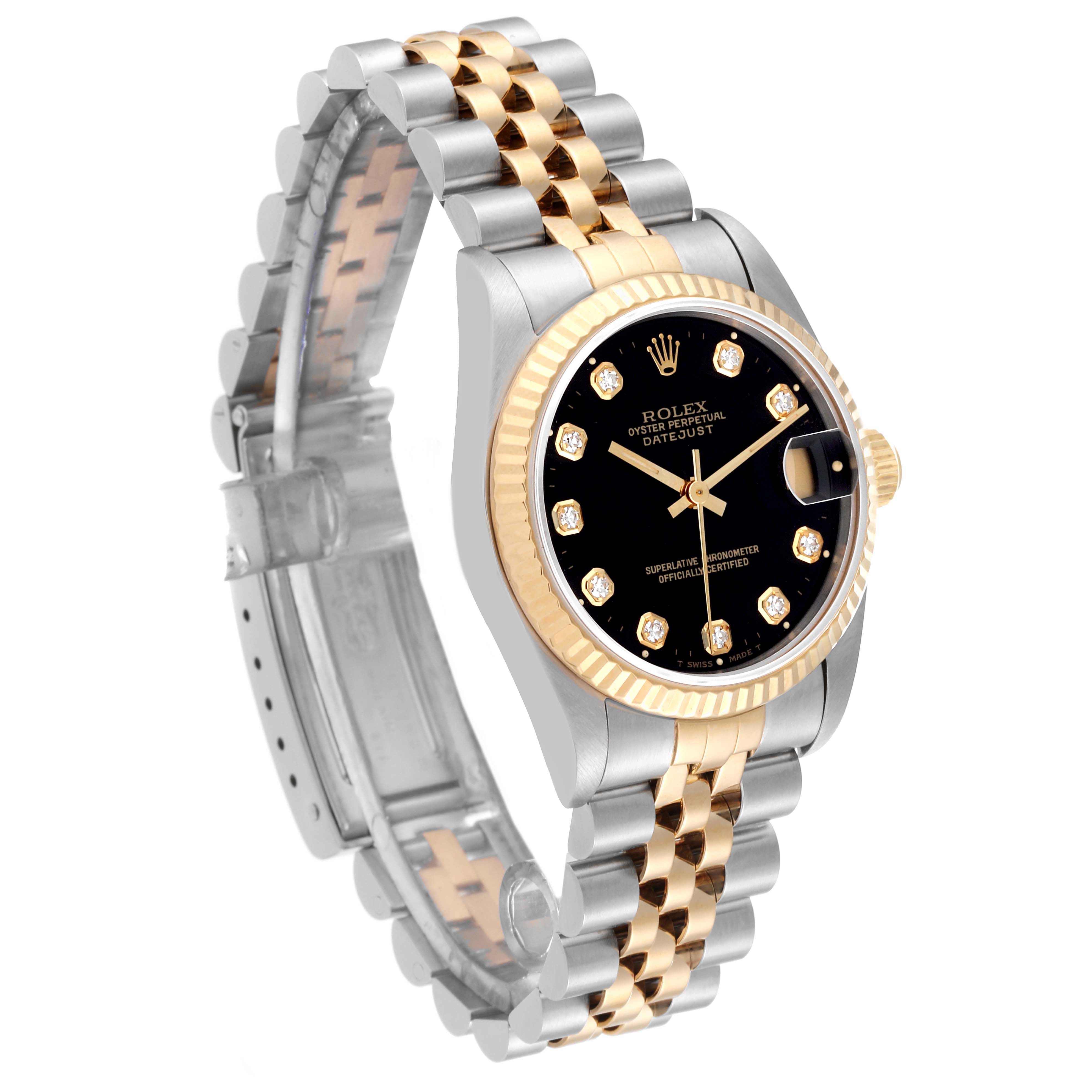 The image shows a Rolex Datejust Mid-Size watch from an angled perspective, highlighting its bezel, dial, and two-tone bracelet.
