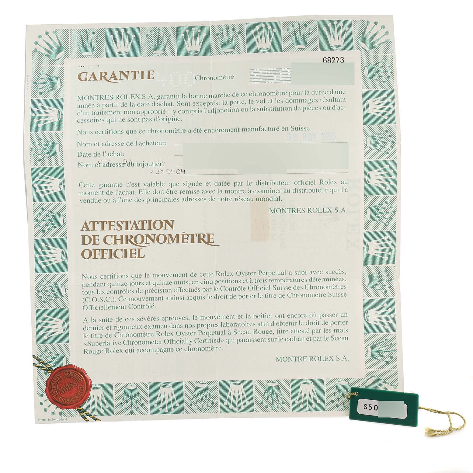 The image displays the guarantee certificate and a green tag for the Mid-Size Rolex watch.