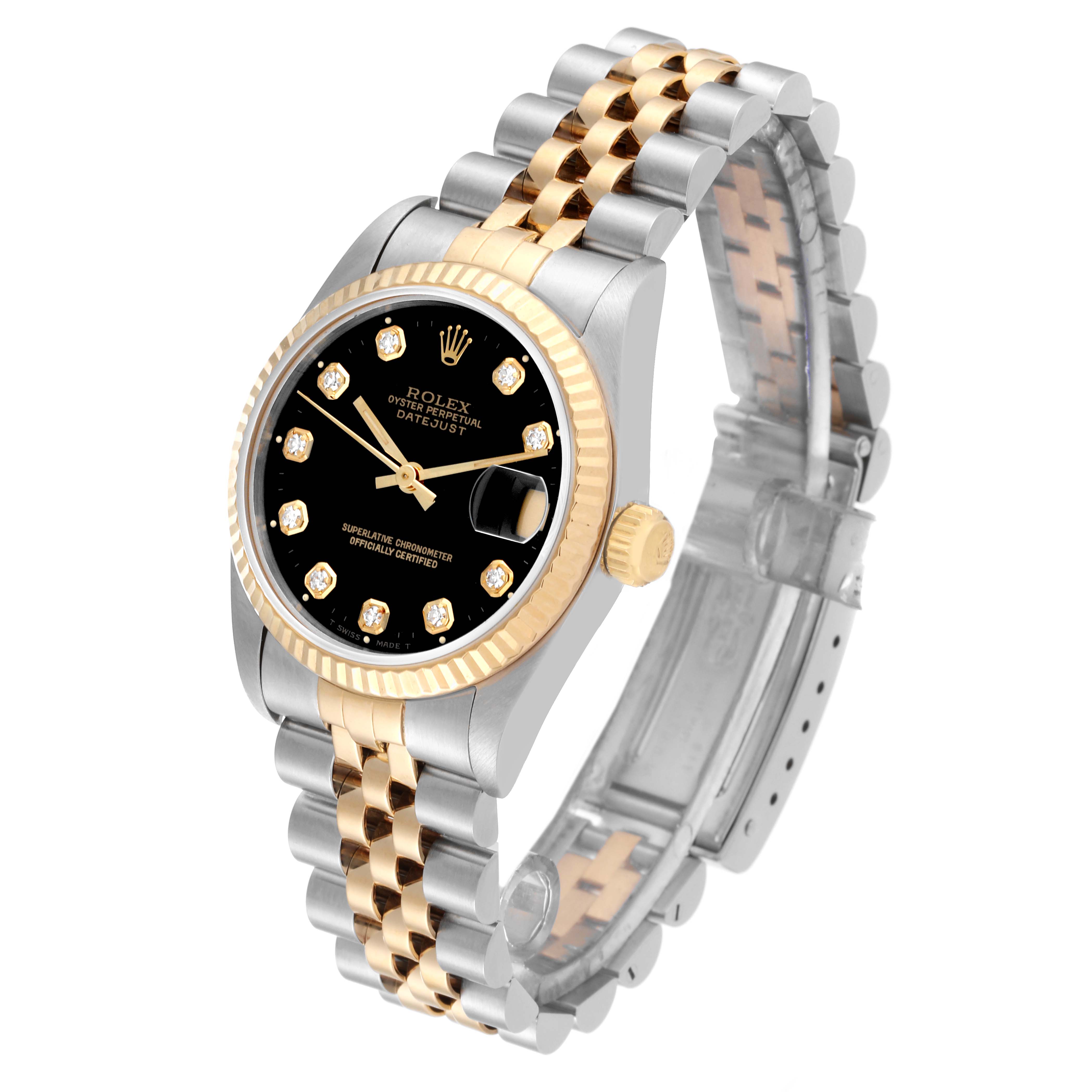 The Rolex Mid-Size 68273 Women's Steel and Gold (two tone) Black Dial 68273 Women's Steel and Gold (two tone) Black Dial Oyster Perpetual Datejust is shown at a three-quarter angle, displaying the face, bezel, crown, and two-tone bracelet.