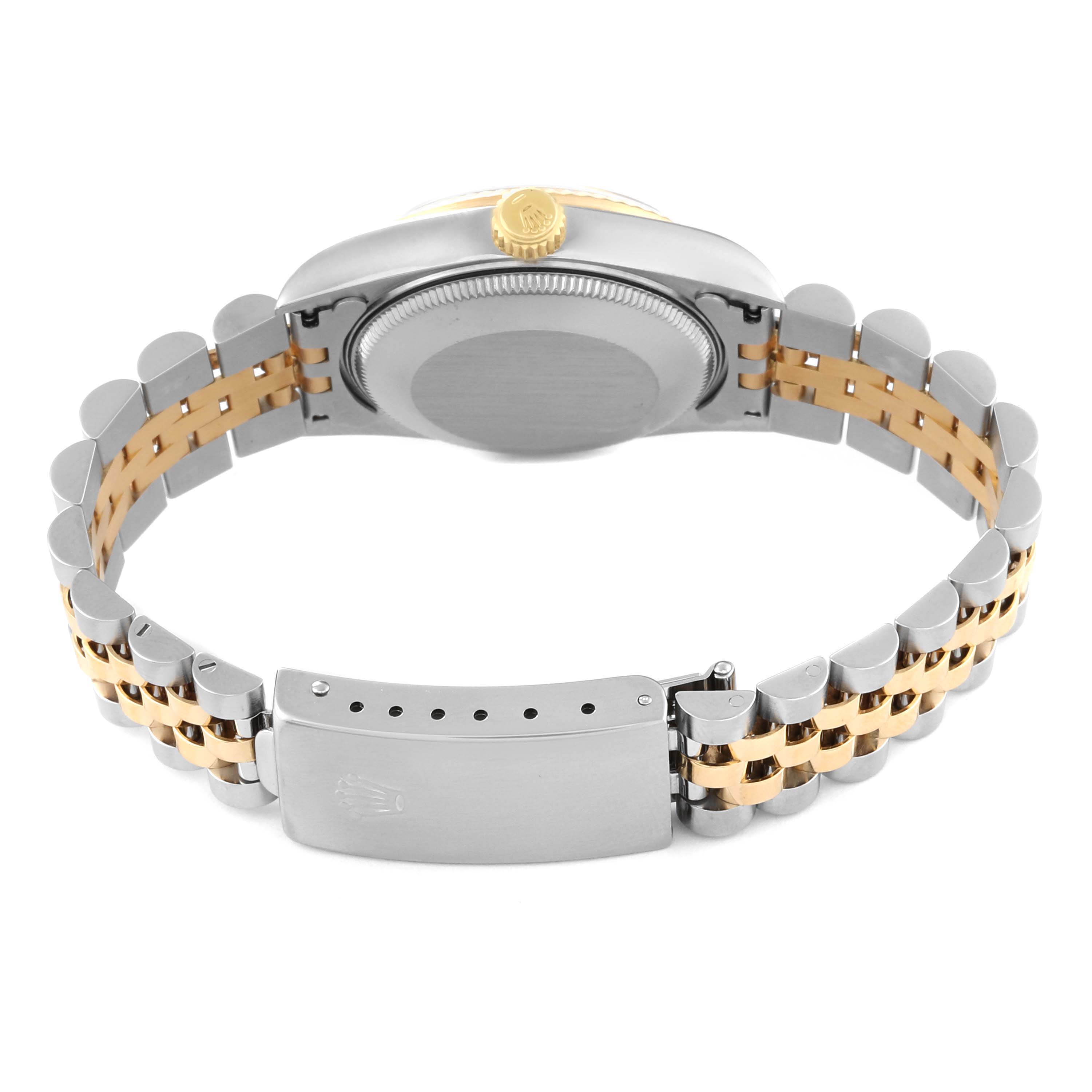 This image shows the back view of a Mid-Size Rolex watch, highlighting the case back, crown, and the two-tone bracelet and clasp.