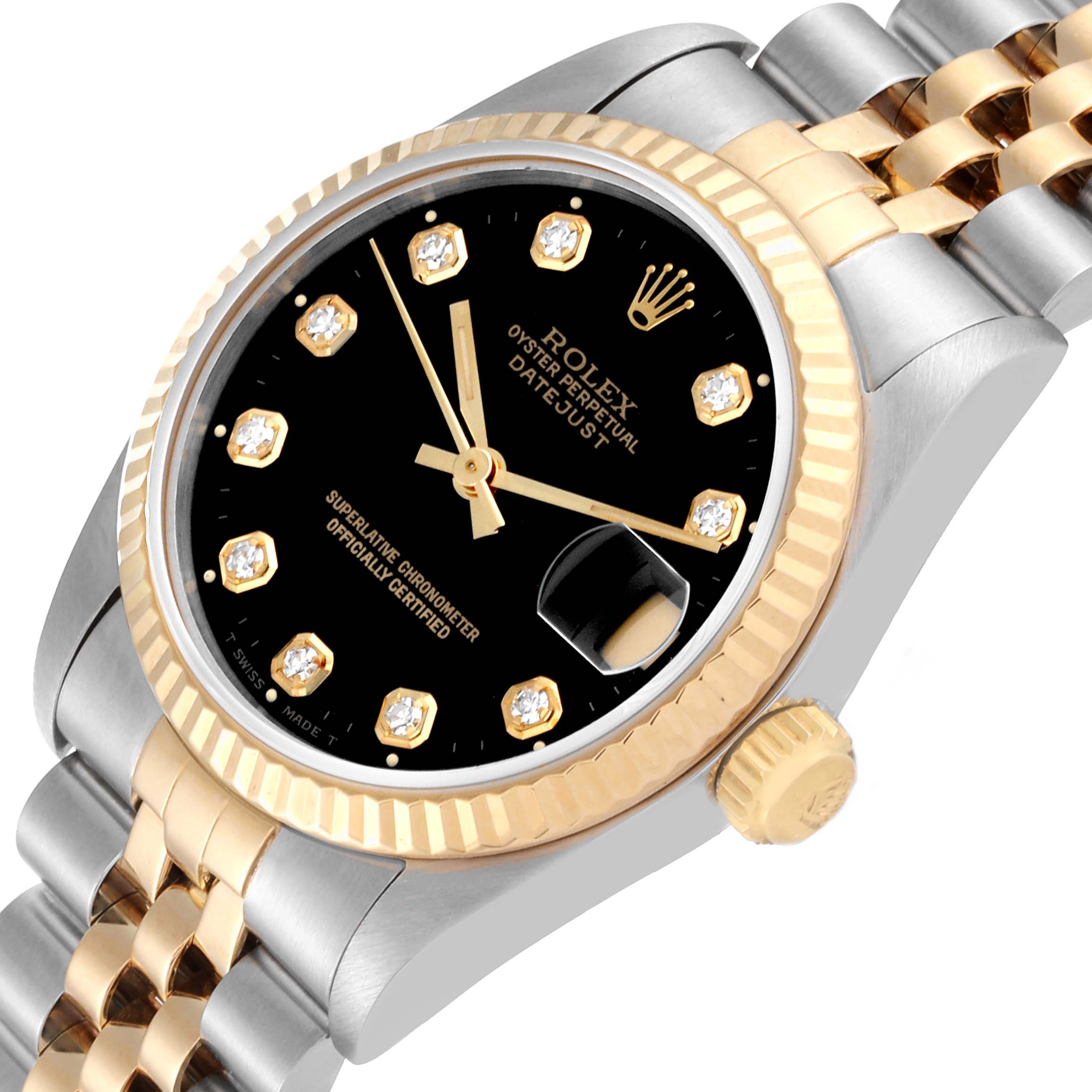 This image shows a Rolex Mid-Size 68273 Women's Steel and Gold (two tone) Black Dial 68273 Women's Steel and Gold (two tone) Black Dial Datejust watch at an angled view featuring the face, bezel, crown, and bracelet.