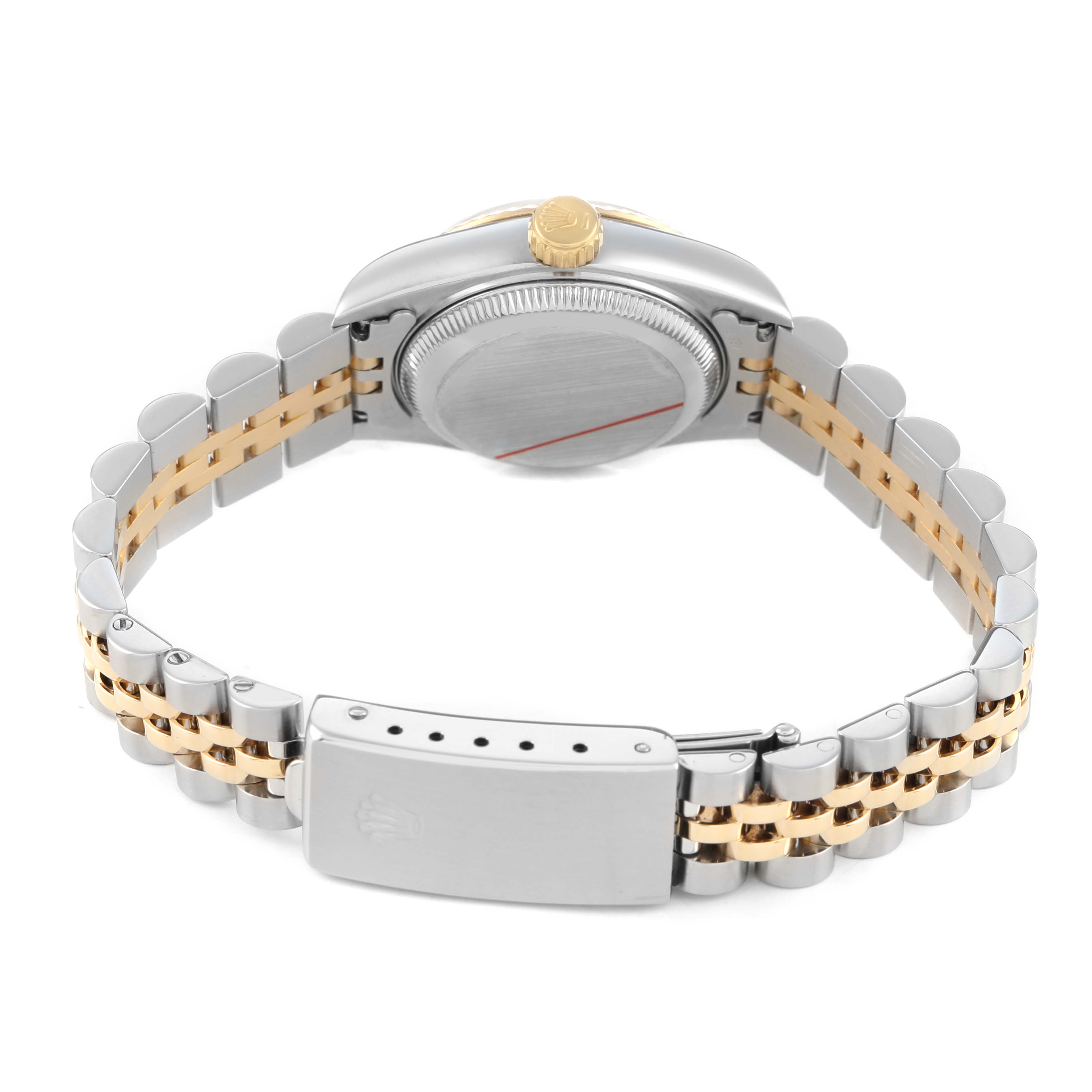 The image shows the back view of a Rolex Datejust 69173 Women's Stainless Steel Beige Dial watch, highlighting the case back, bracelet, and clasp.
