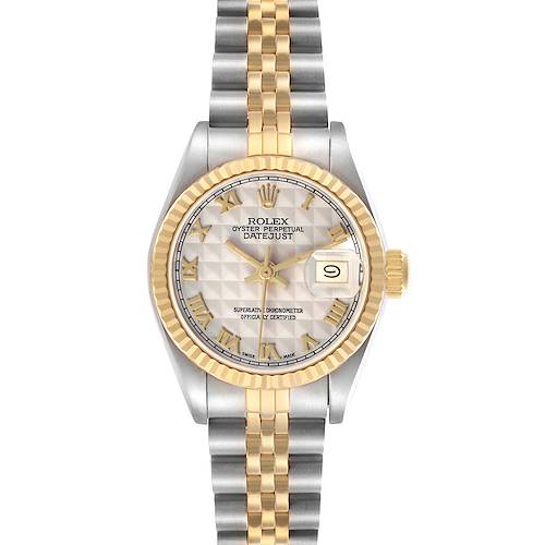 The Rolex Datejust 69173 Women's Stainless Steel Beige Dial watch is shown from a top view, highlighting its dial, fluted bezel, and two-tone Jubilee bracelet.
