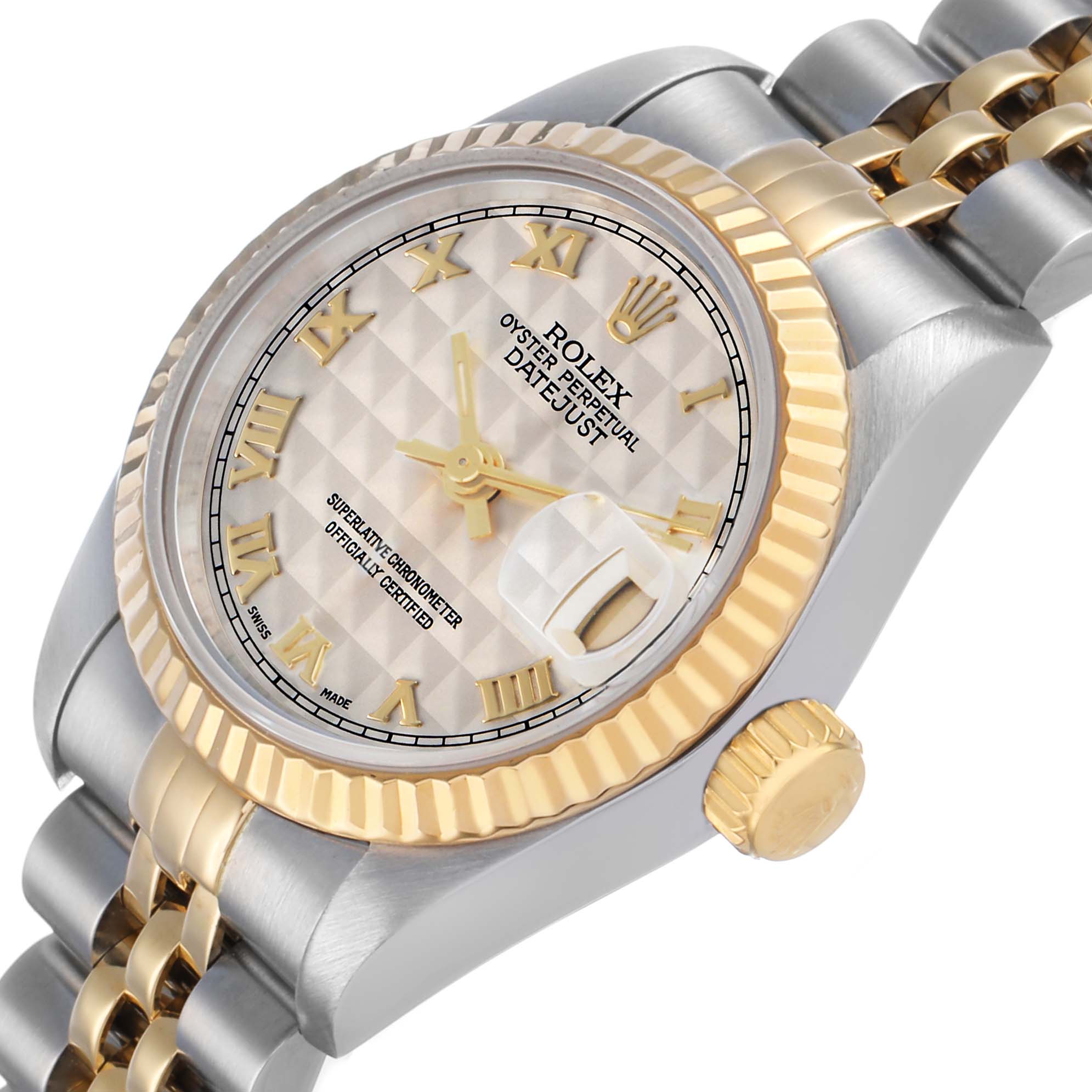 The Rolex Datejust 69173 Women's Stainless Steel Beige Dial watch is shown at an angle highlighting the dial, case, bezel, and part of the bracelet.