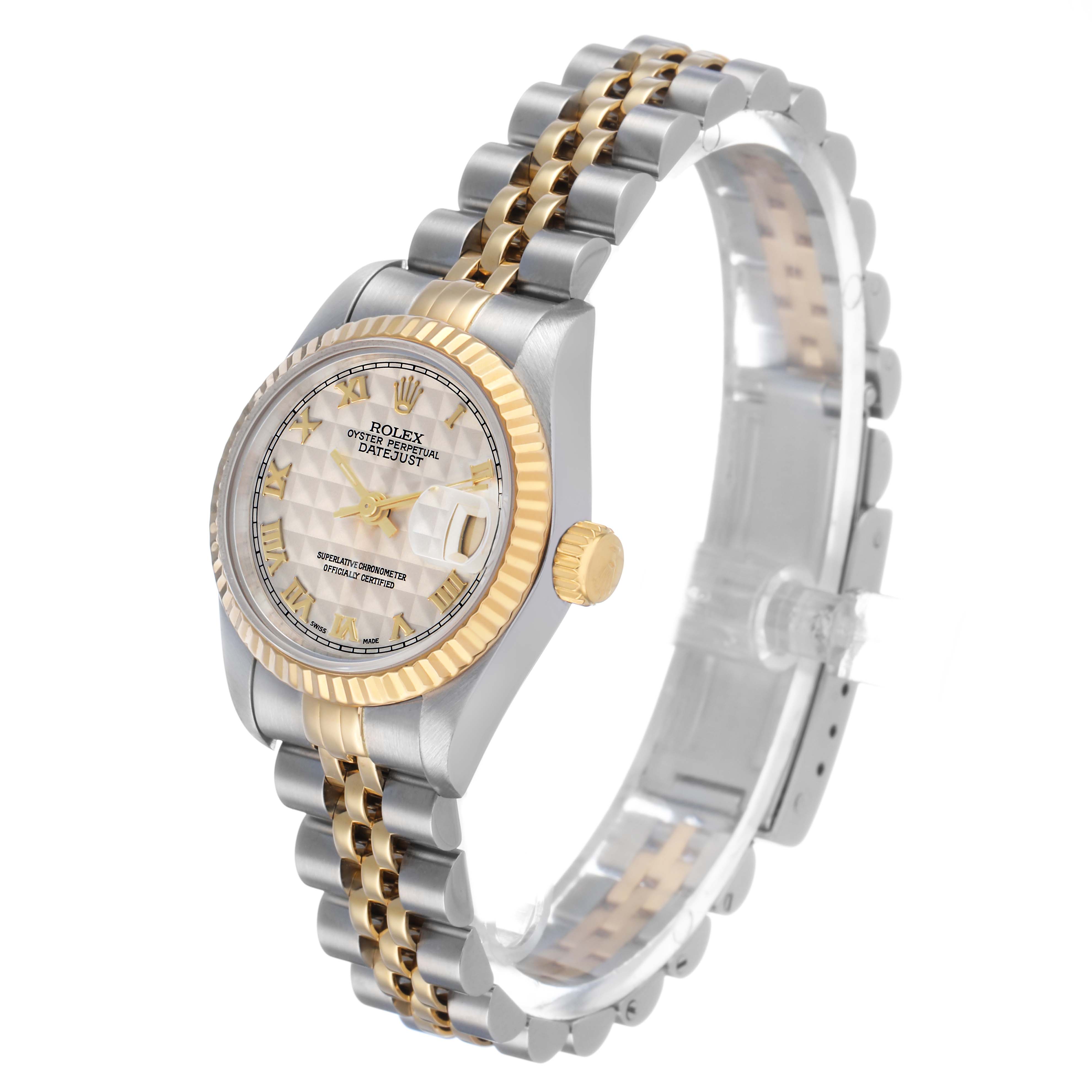 The Rolex Datejust 69173 Women's Stainless Steel Beige Dial watch is shown at a slight side angle, highlighting the dial, bezel, crown, and two-tone bracelet.