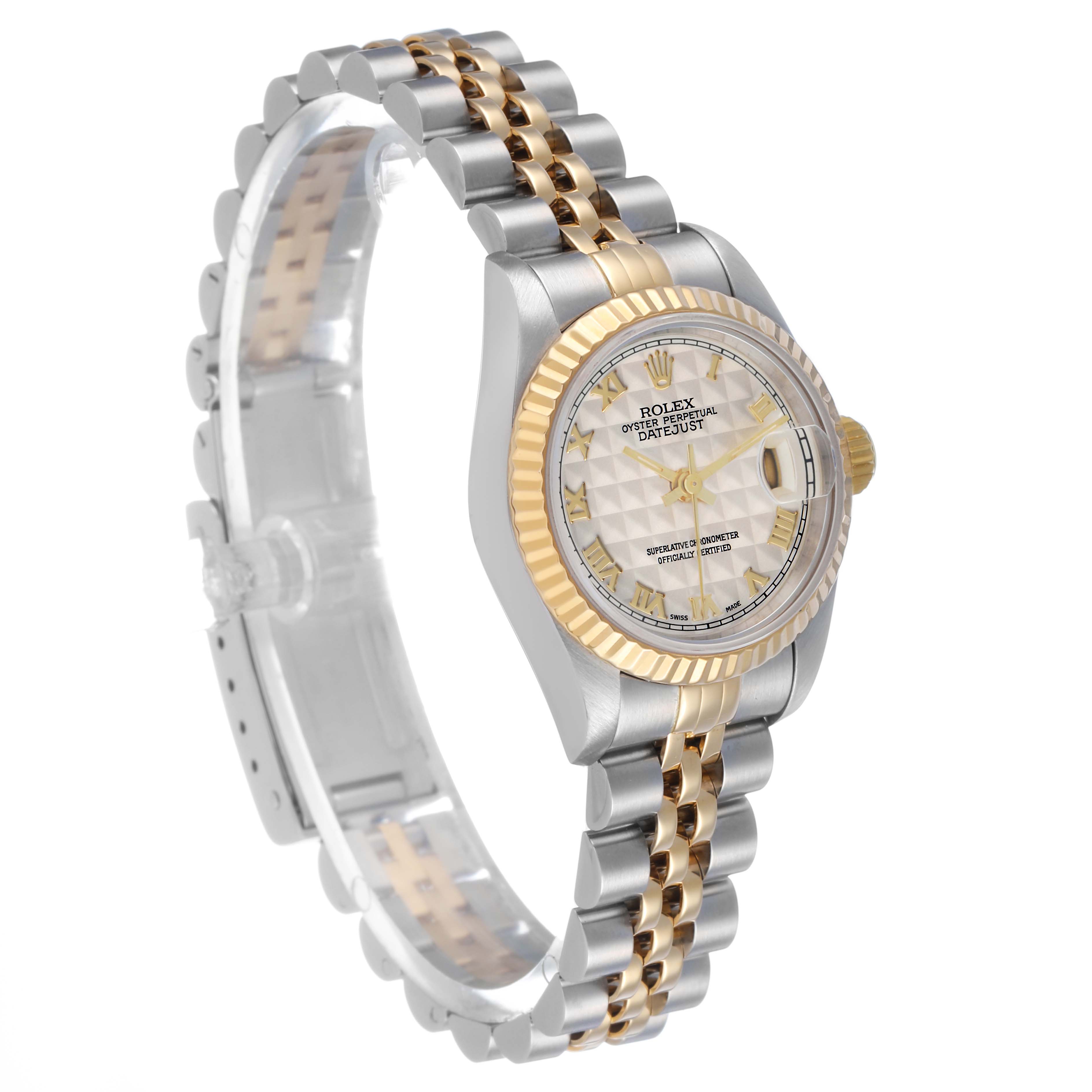 The Rolex Datejust 69173 Women's Stainless Steel Beige Dial watch is shown at a side angle, highlighting its face, bezel, crown, and two-tone jubilee bracelet.