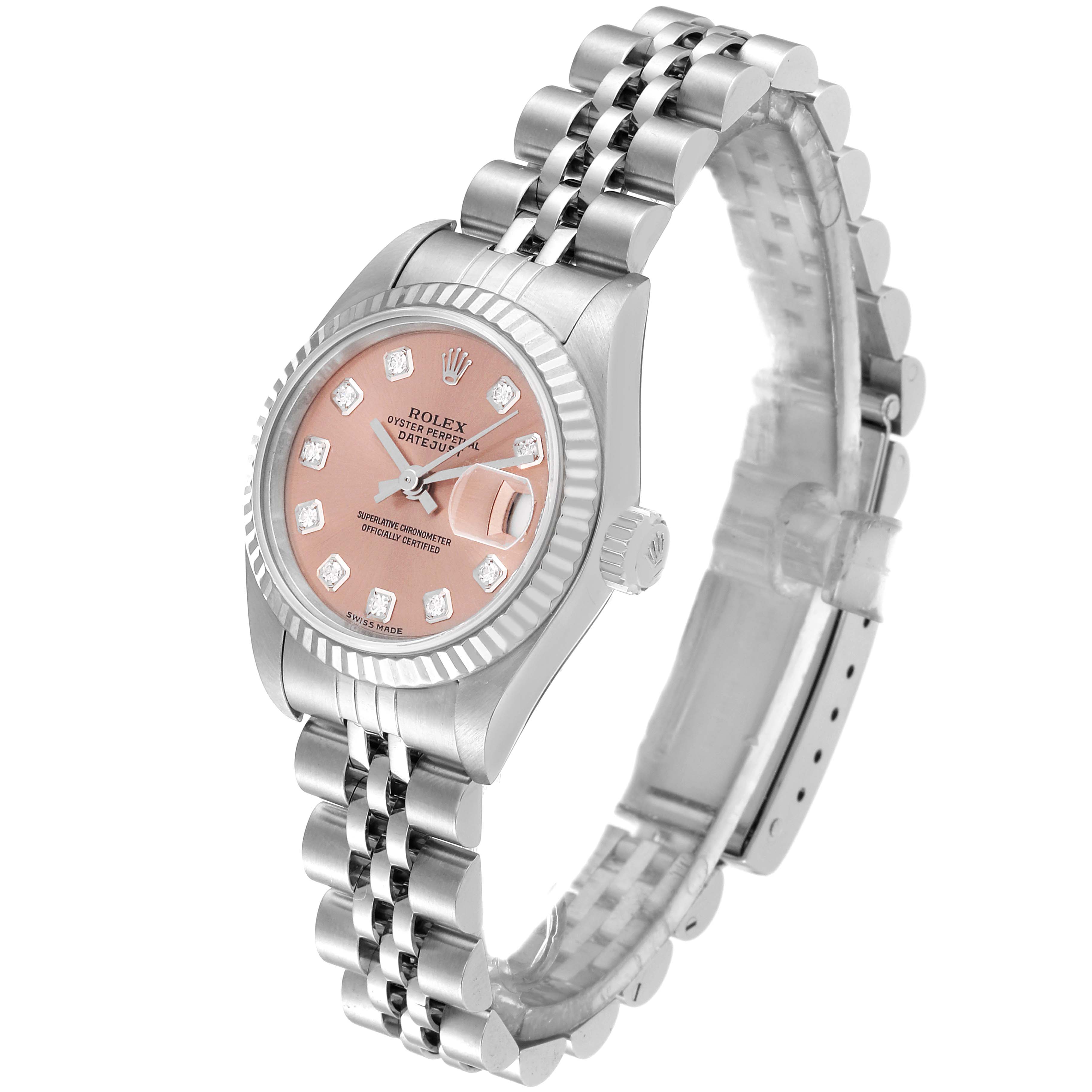 The image shows a Rolex Datejust 79174 Women's Stainless Steel Pink Dial 79174 Women's Stainless Steel Pink Dial watch at a front-side angle, highlighting its face, bezel, and bracelet.