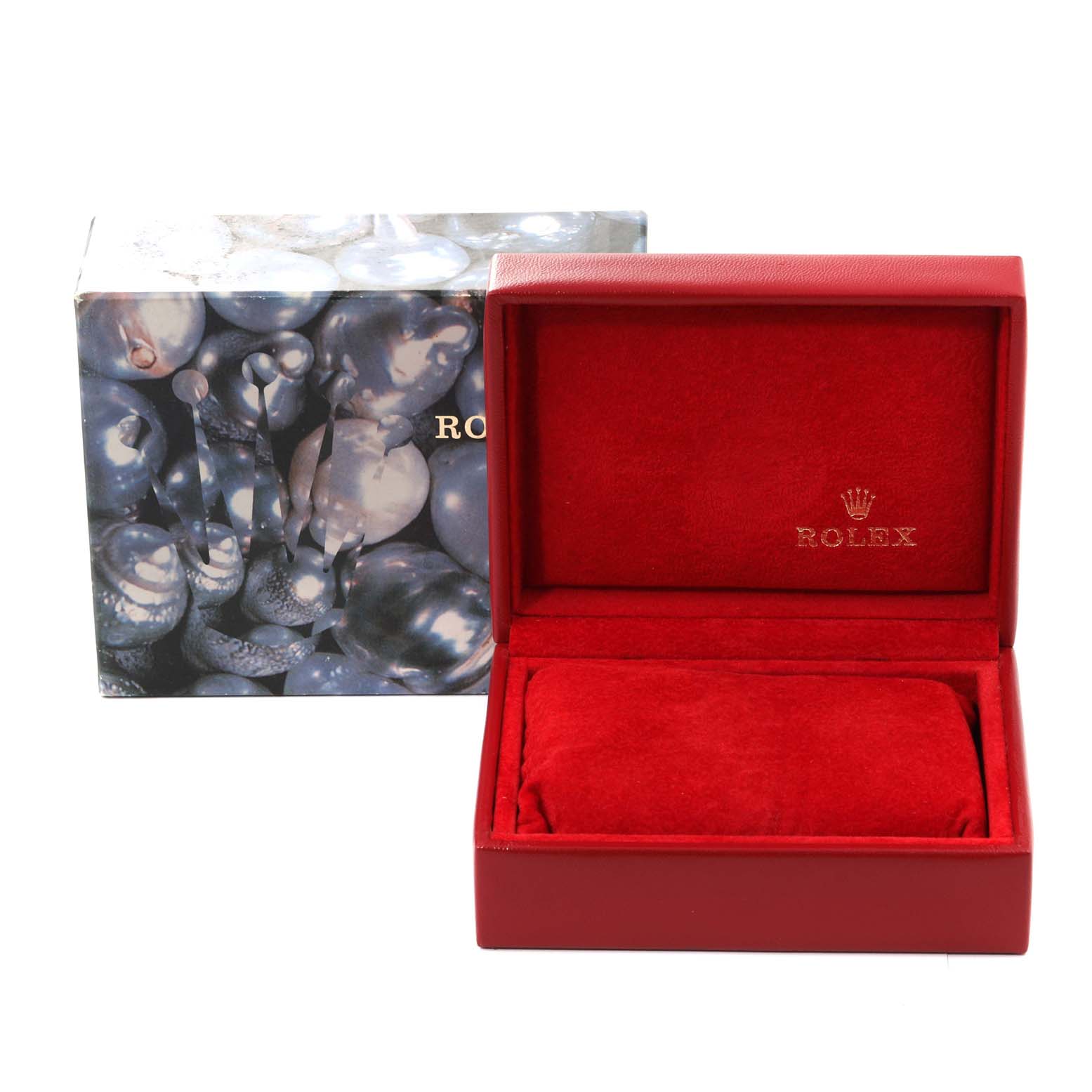 The image shows a Rolex Datejust 79174 Women's Stainless Steel Pink Dial 79174 Women's Stainless Steel Pink Dial watch box and casing, with the cover opened to reveal the red interior.