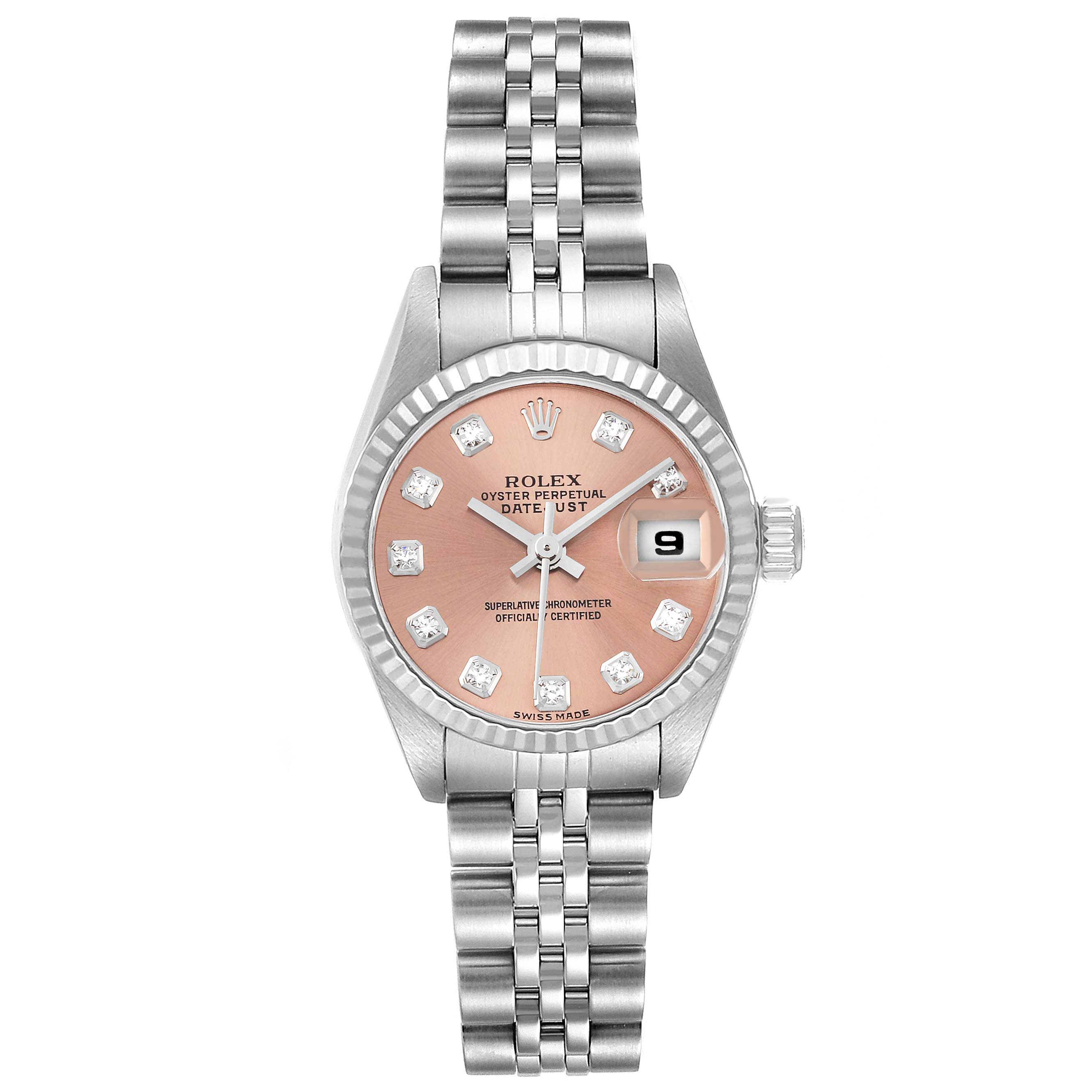 The image shows a front view of the Rolex Datejust 79174 Women's Stainless Steel Pink Dial 79174 Women's Stainless Steel Pink Dial watch, highlighting its pink dial, date display, and Jubilee bracelet.