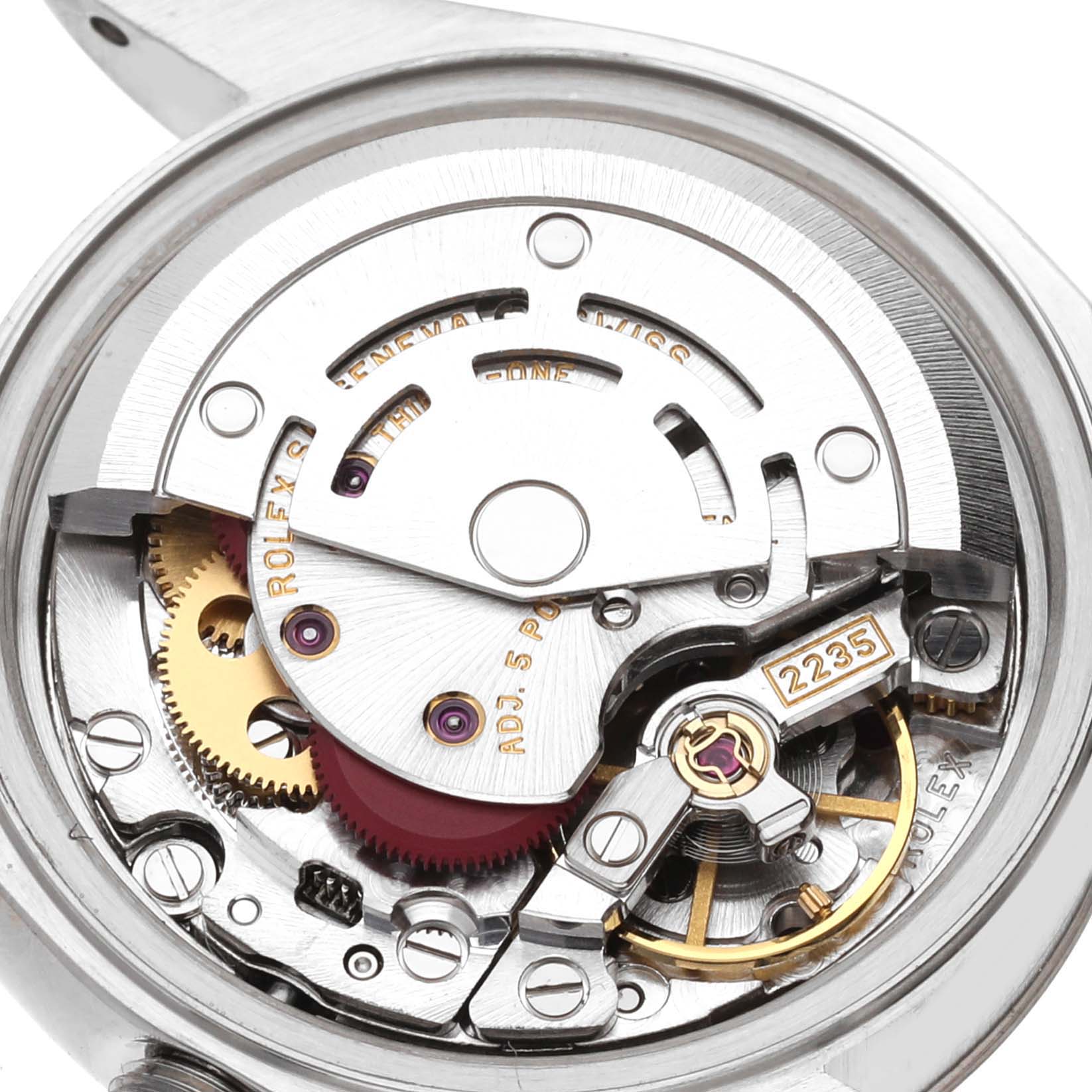 This is a close-up view of the internal mechanism of the Rolex Datejust 79174 Women's Stainless Steel Pink Dial 79174 Women's Stainless Steel Pink Dial, showcasing gears and movement components.