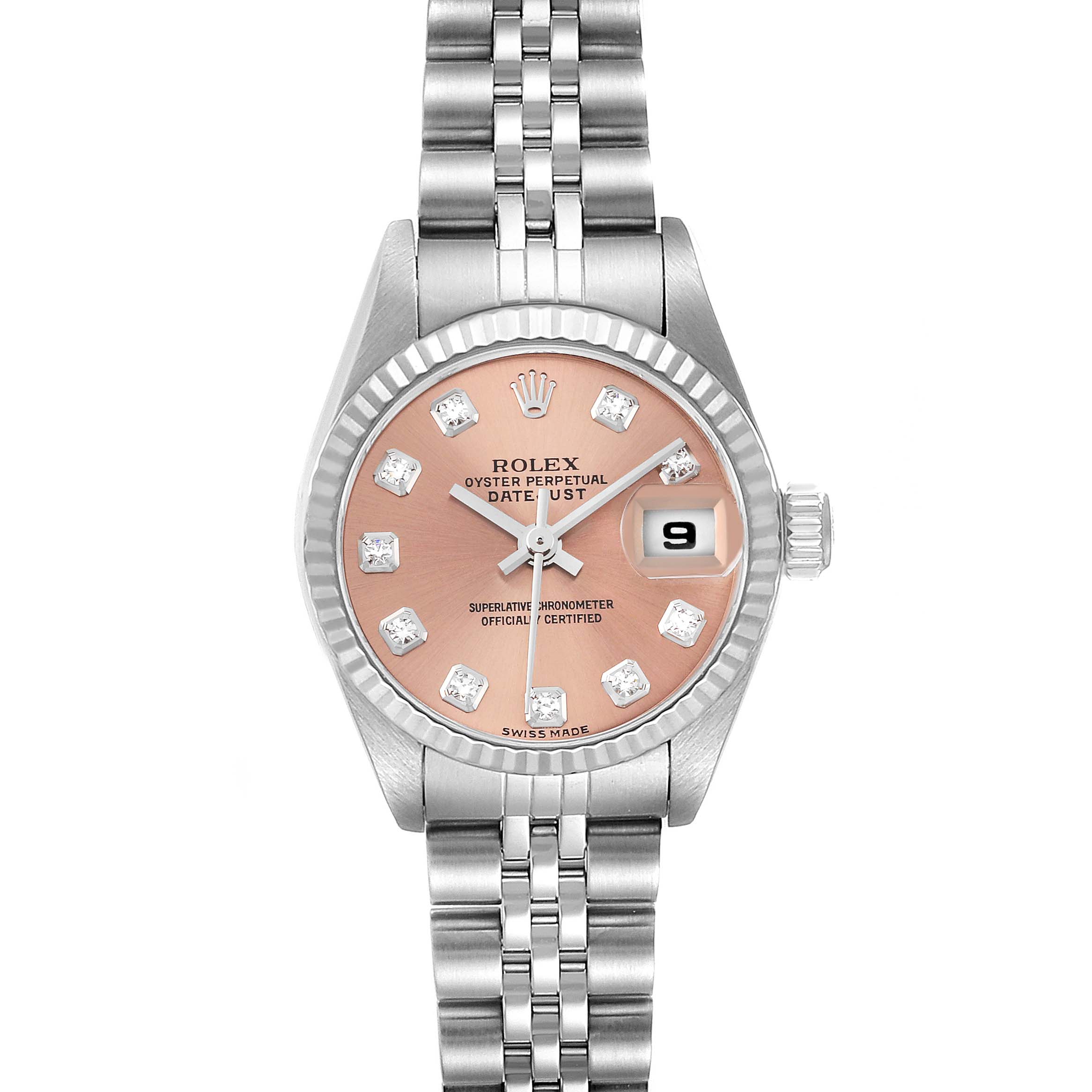 This image shows a Rolex Datejust 79174 Women's Stainless Steel Pink Dial 79174 Women's Stainless Steel Pink Dial watch from a front angle, highlighting its dial, bracelet, and date window.