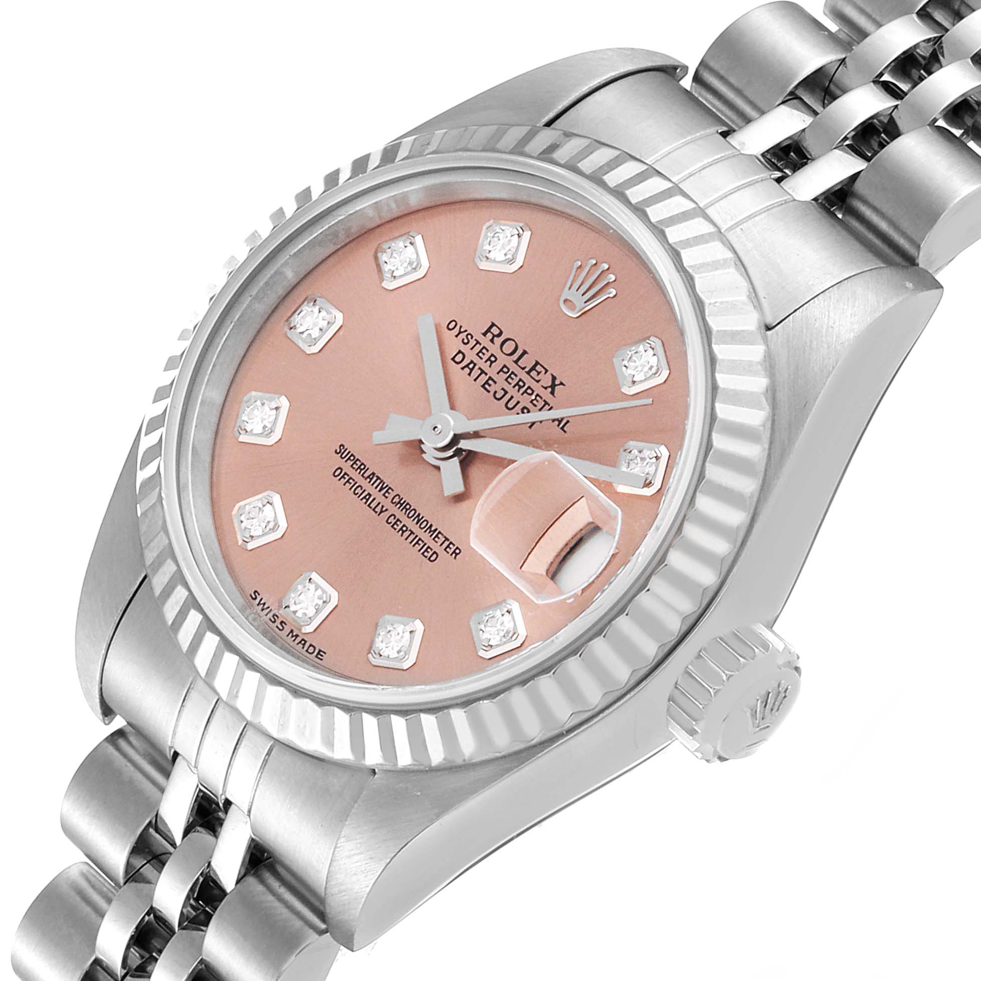 The image shows a Rolex Datejust 79174 Women's Stainless Steel Pink Dial 79174 Women's Stainless Steel Pink Dial watch from an angled view, highlighting its pink dial, fluted bezel, and Jubilee bracelet.
