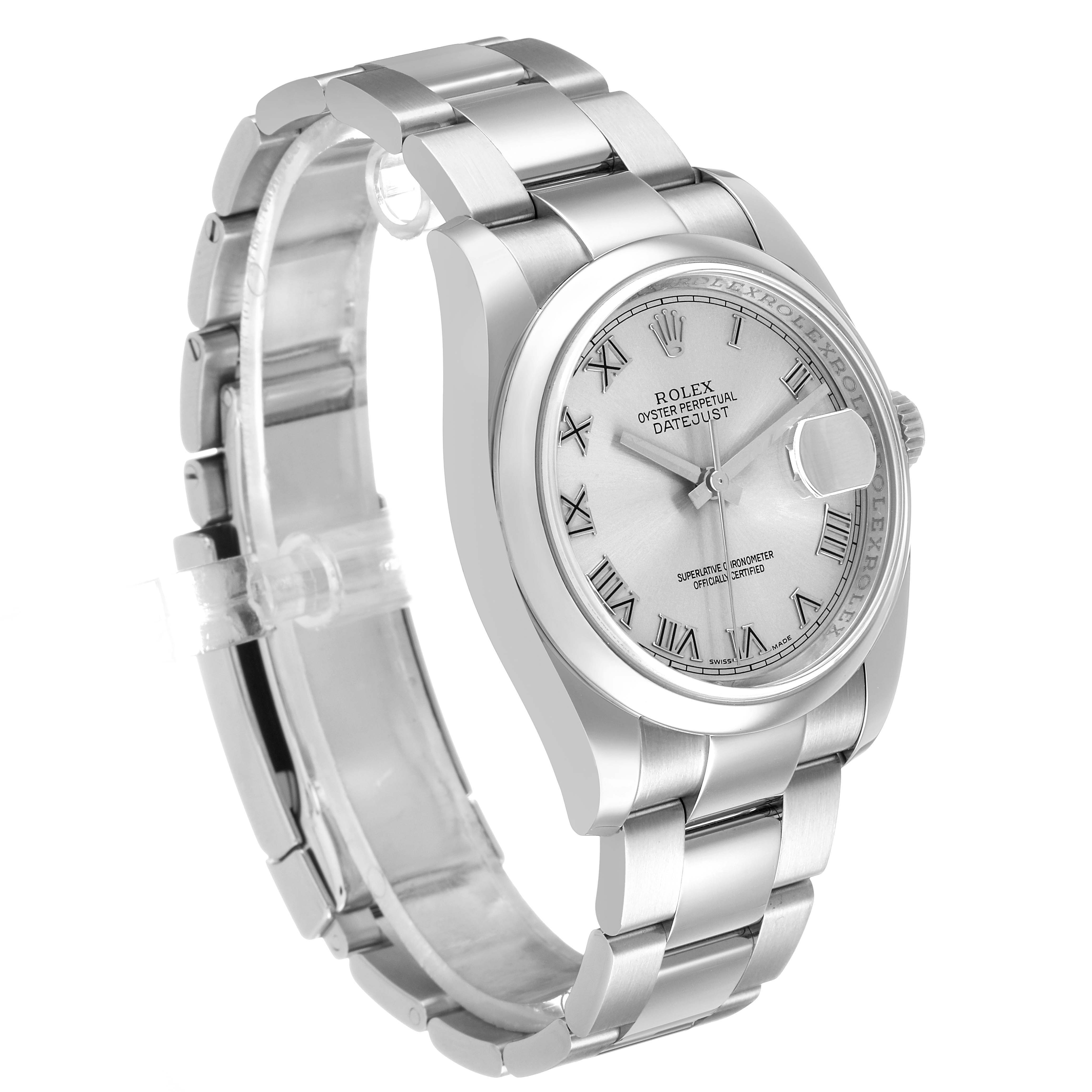 The Rolex Datejust 116200 Men's Stainless Steel Silver Dial watch is shown at a three-quarter angle, highlighting its face, bezel, and bracelet.
