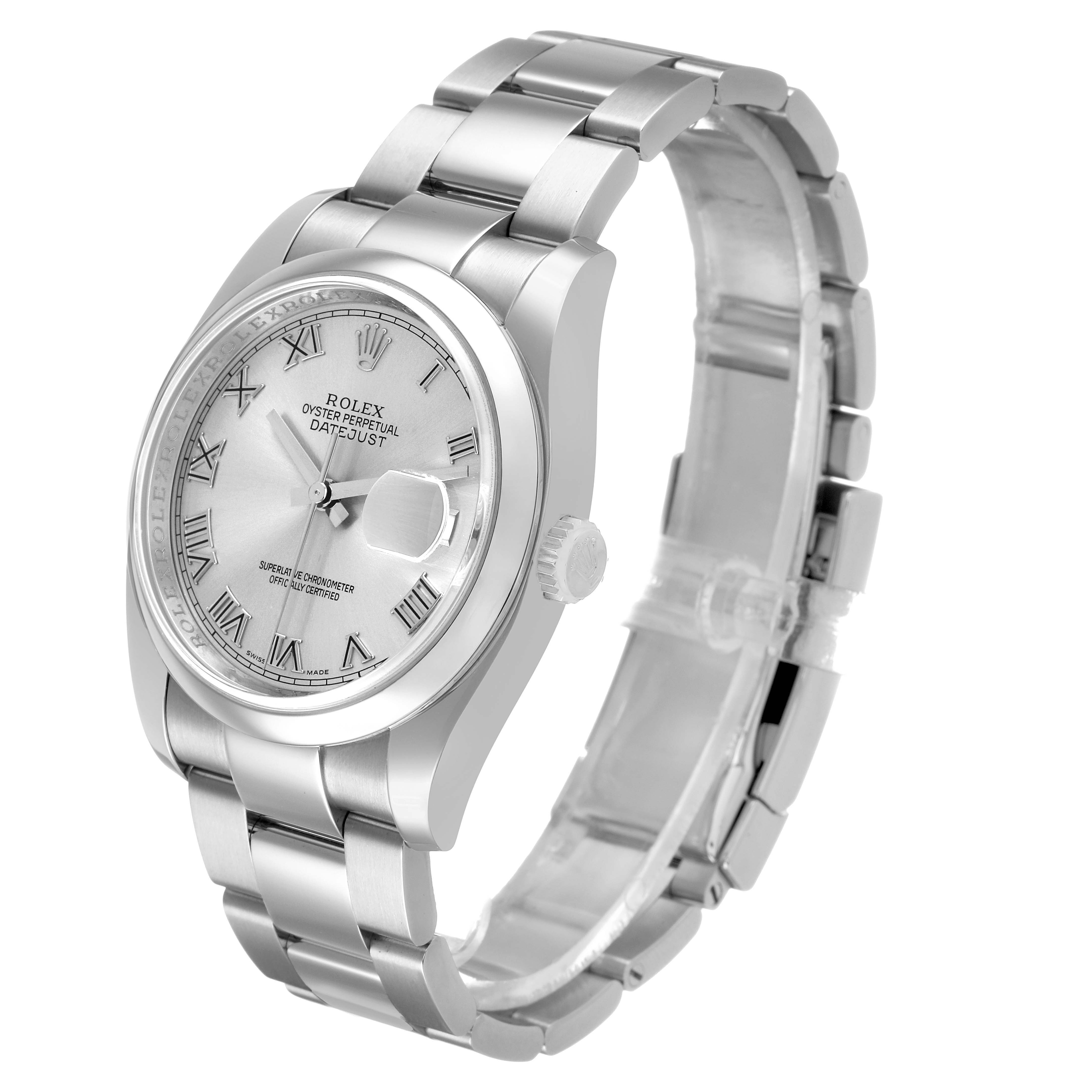The Rolex Datejust 116200 Men's Stainless Steel Silver Dial watch is shown at a three-quarter angle, highlighting the dial, bezel, case, and bracelet.