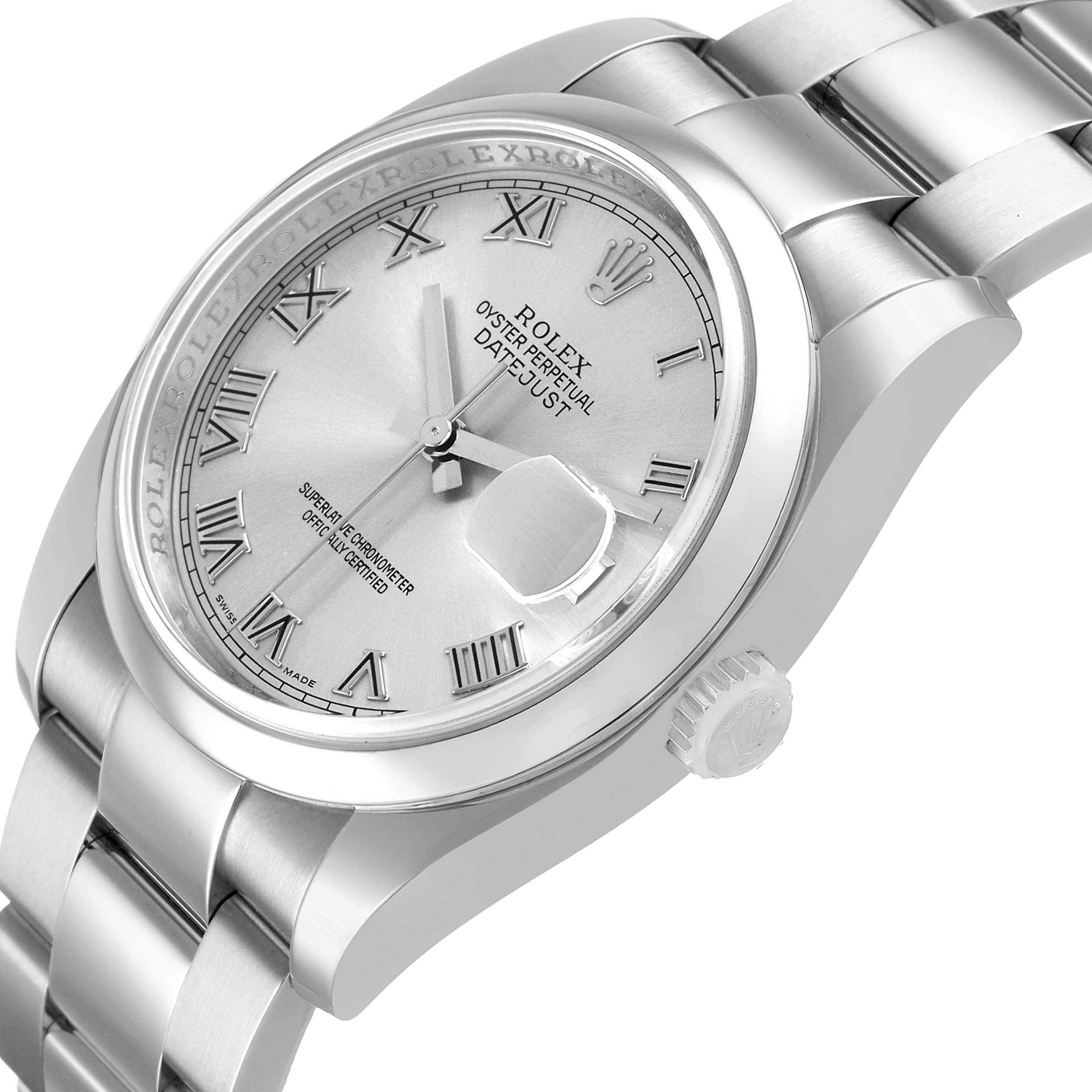 The Rolex Datejust 116200 Men's Stainless Steel Silver Dial watch is shown at a slight angle, displaying the dial, bracelet, crown, and part of the bezel.