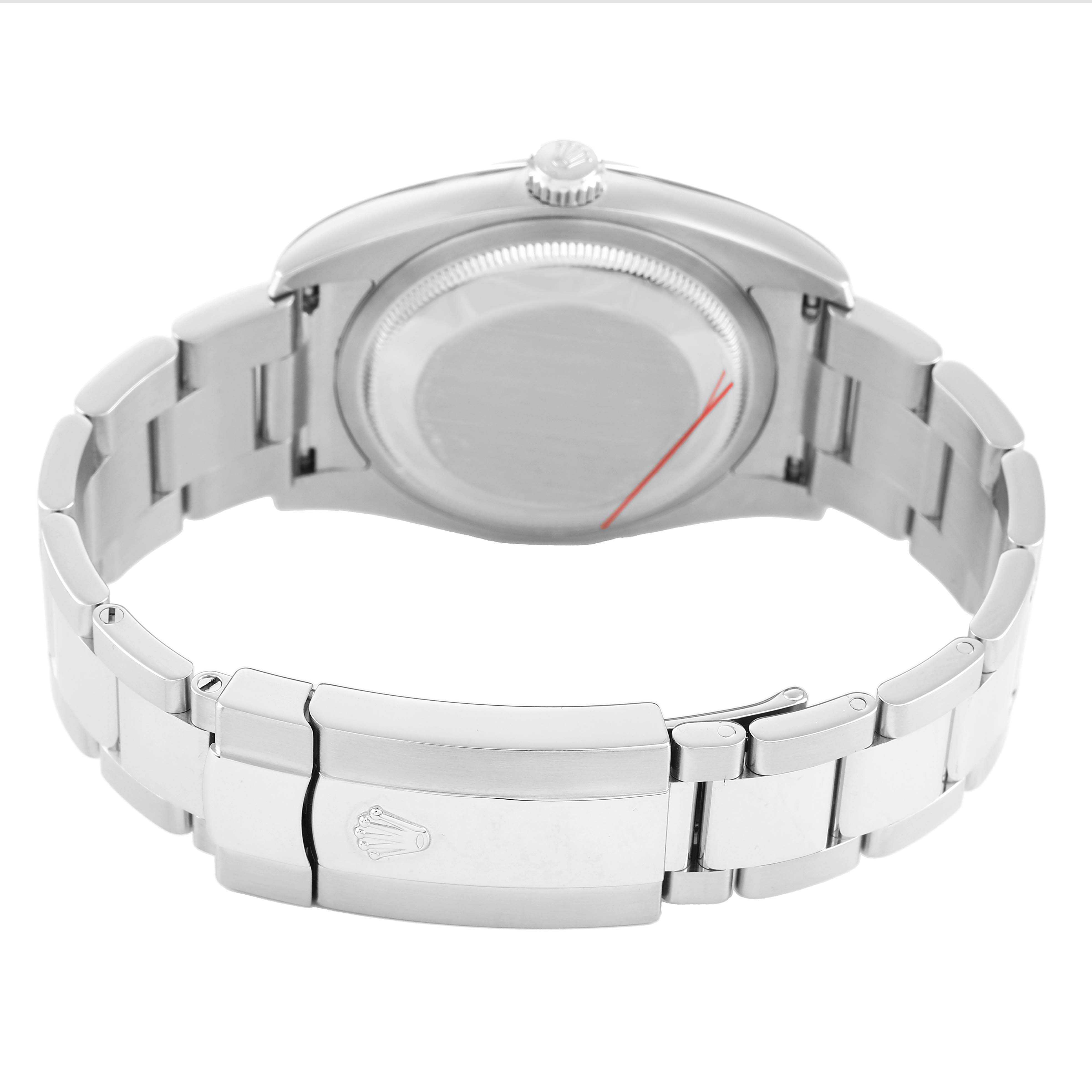 The image shows the back and bracelet clasp of a Rolex Datejust 116200 Men's Stainless Steel Silver Dial, viewed from the rear.