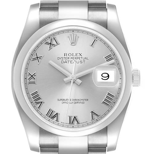 The Rolex Datejust 116200 Men's Stainless Steel Silver Dial watch is shown in a front angle, highlighting its dial, hands, and date window.
