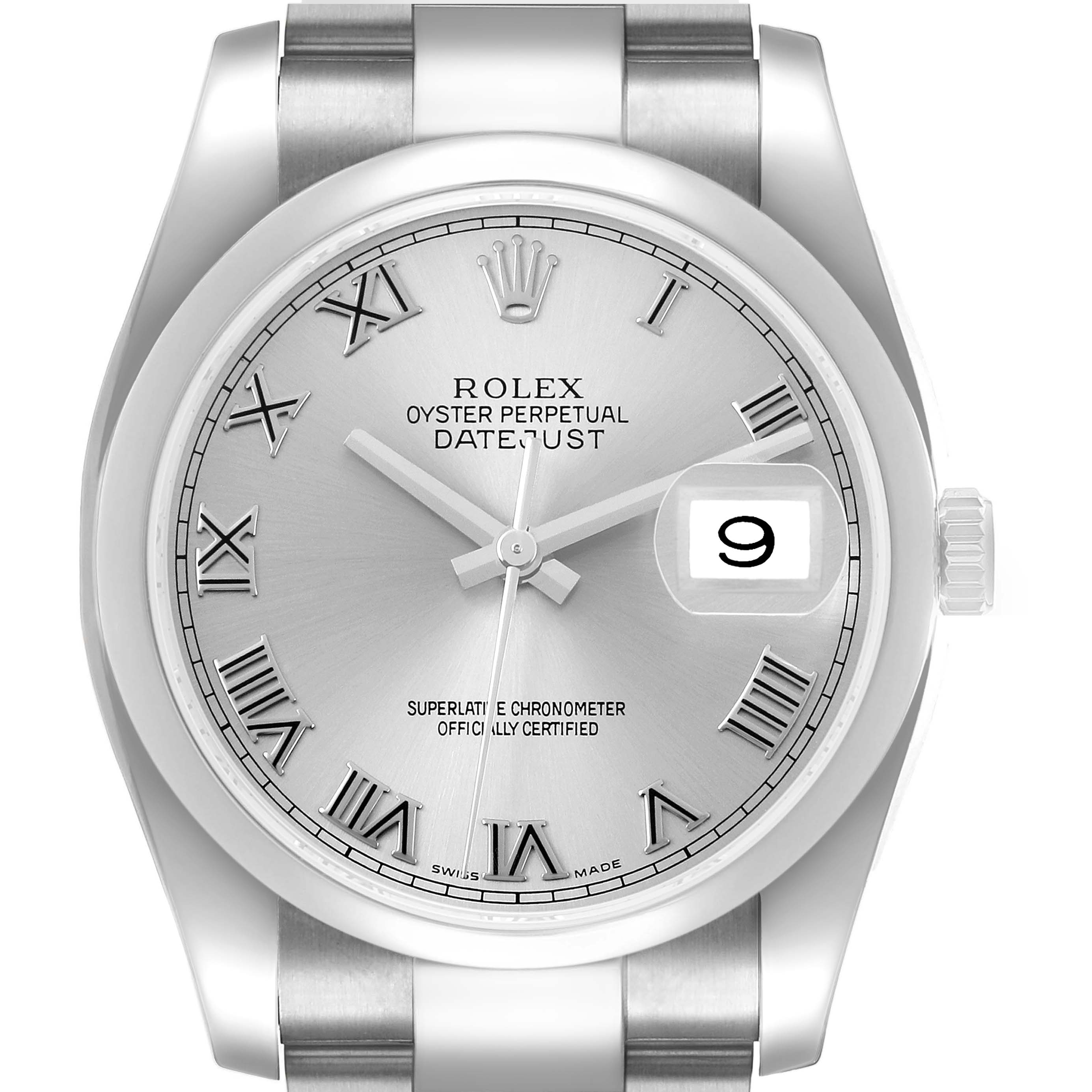 The Rolex Datejust 116200 Men's Stainless Steel Silver Dial watch is shown from a front angle, highlighting the dial, Roman numerals, and cyclops lens over the date.