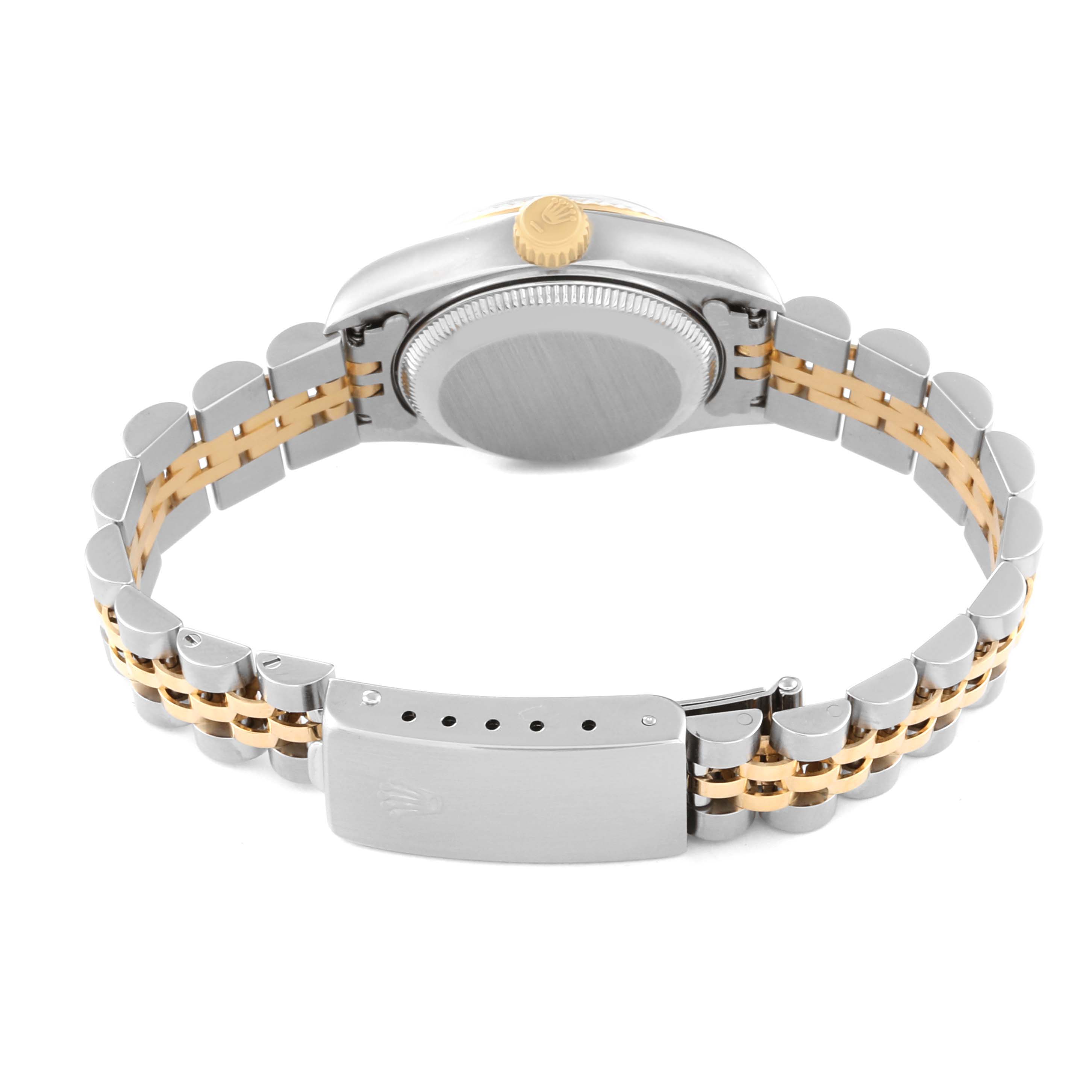 The image shows the back view of the Rolex Datejust 69173 Women's Steel and Gold (two tone) Grey Dial 69173 Women's Steel and Gold (two tone) Grey Dial watch, highlighting the clasp, bracelet, and caseback.