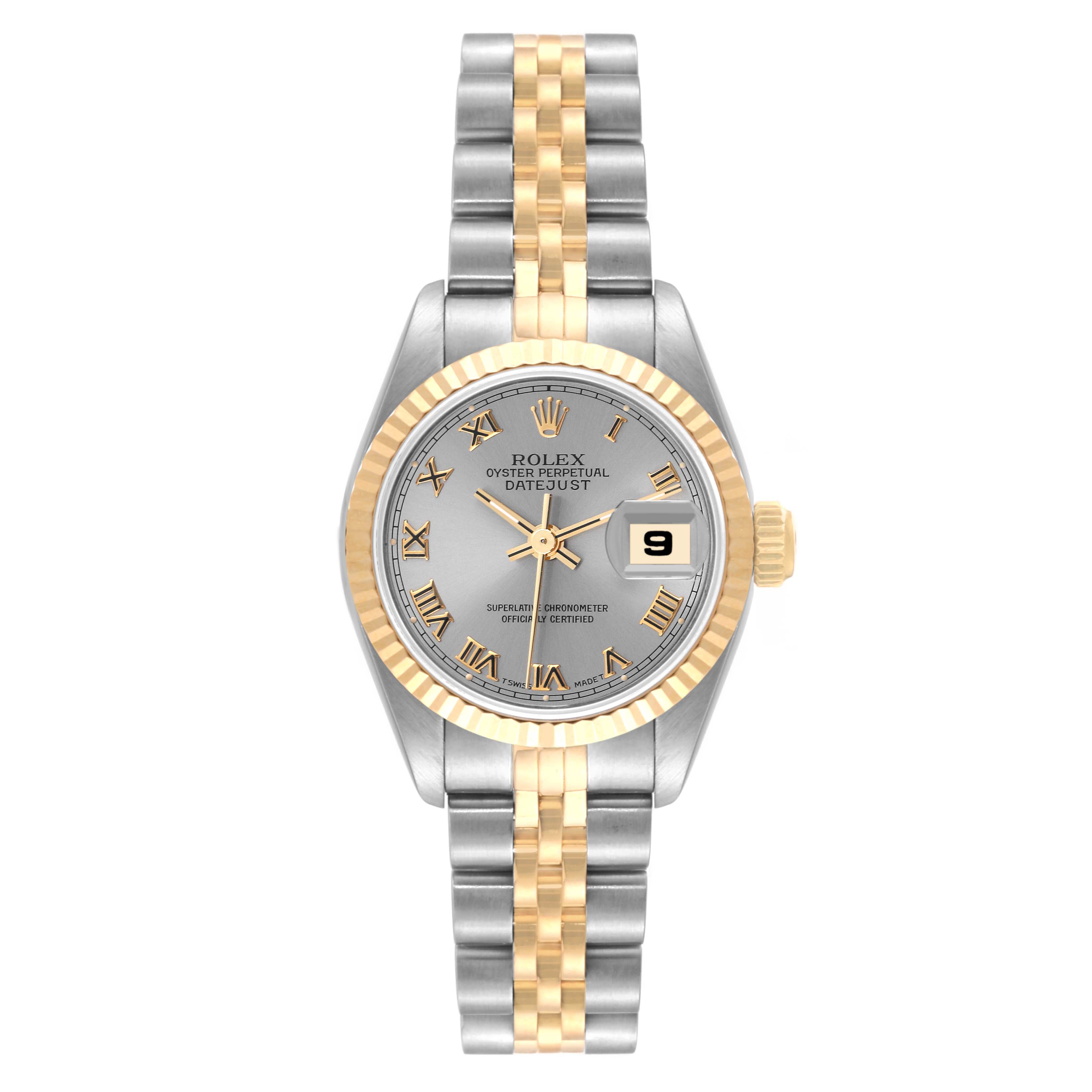 The image shows a front view of a Rolex Datejust 69173 Women's Steel and Gold (two tone) Grey Dial 69173 Women's Steel and Gold (two tone) Grey Dial watch, showcasing the face, bezel, and bracelet.