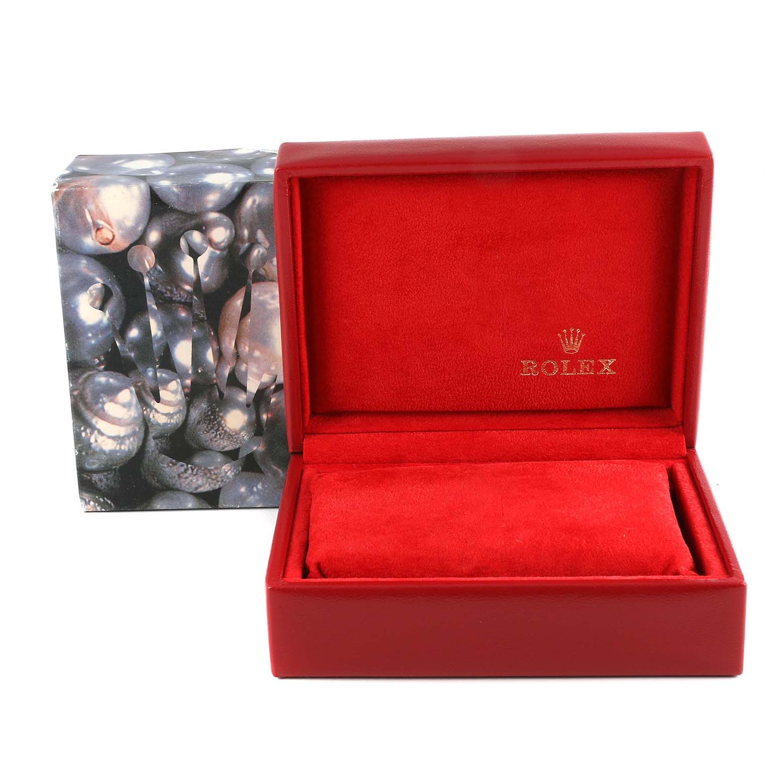 The image shows a red Rolex Datejust 69173 Women's Steel and Gold (two tone) Grey Dial 69173 Women's Steel and Gold (two tone) Grey Dial watch box with gold branding, and a decorated outer packaging.