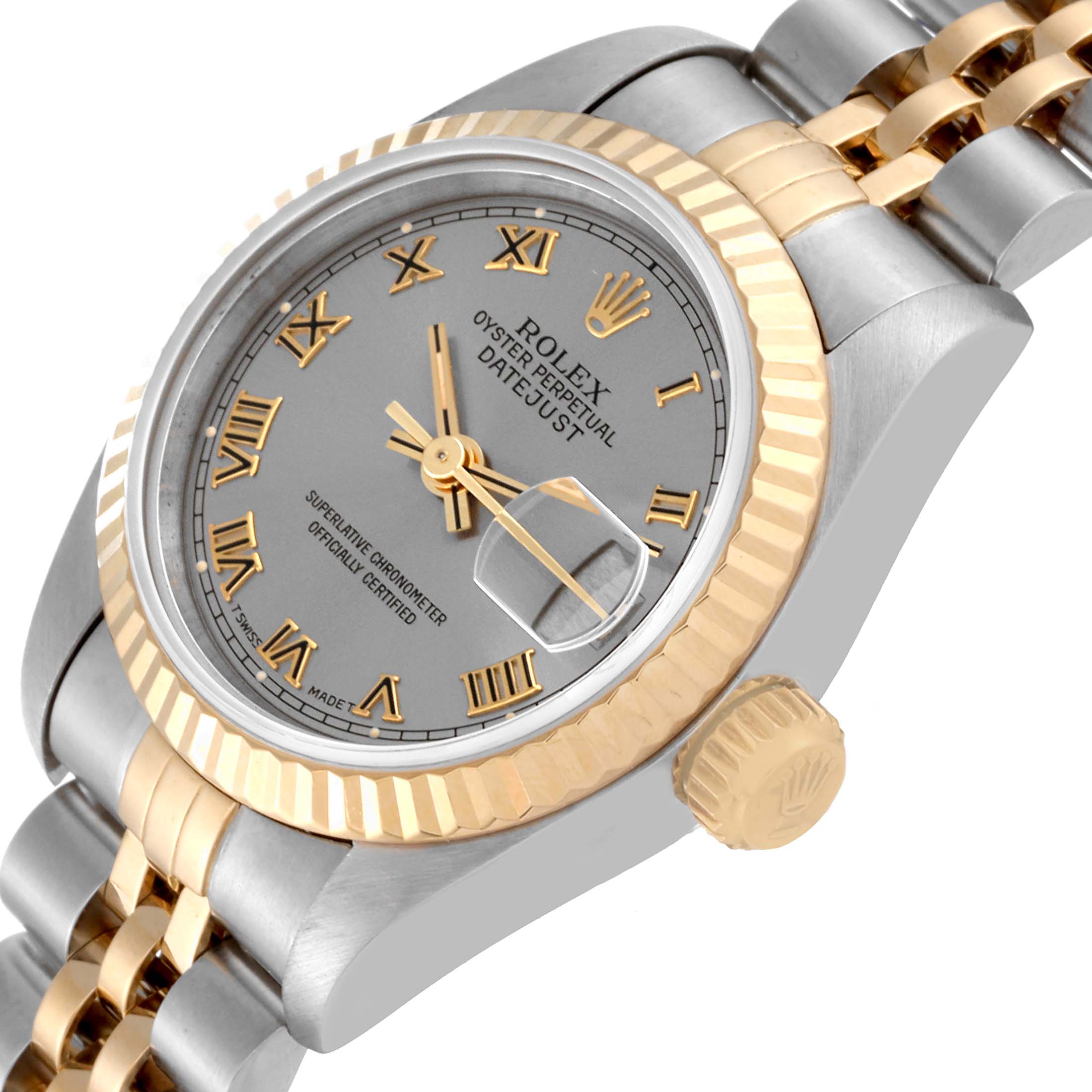 The image shows a Rolex Datejust 69173 Women's Steel and Gold (two tone) Grey Dial 69173 Women's Steel and Gold (two tone) Grey Dial watch at a slight angle, highlighting the dial, bezel, crown, and part of the bracelet.