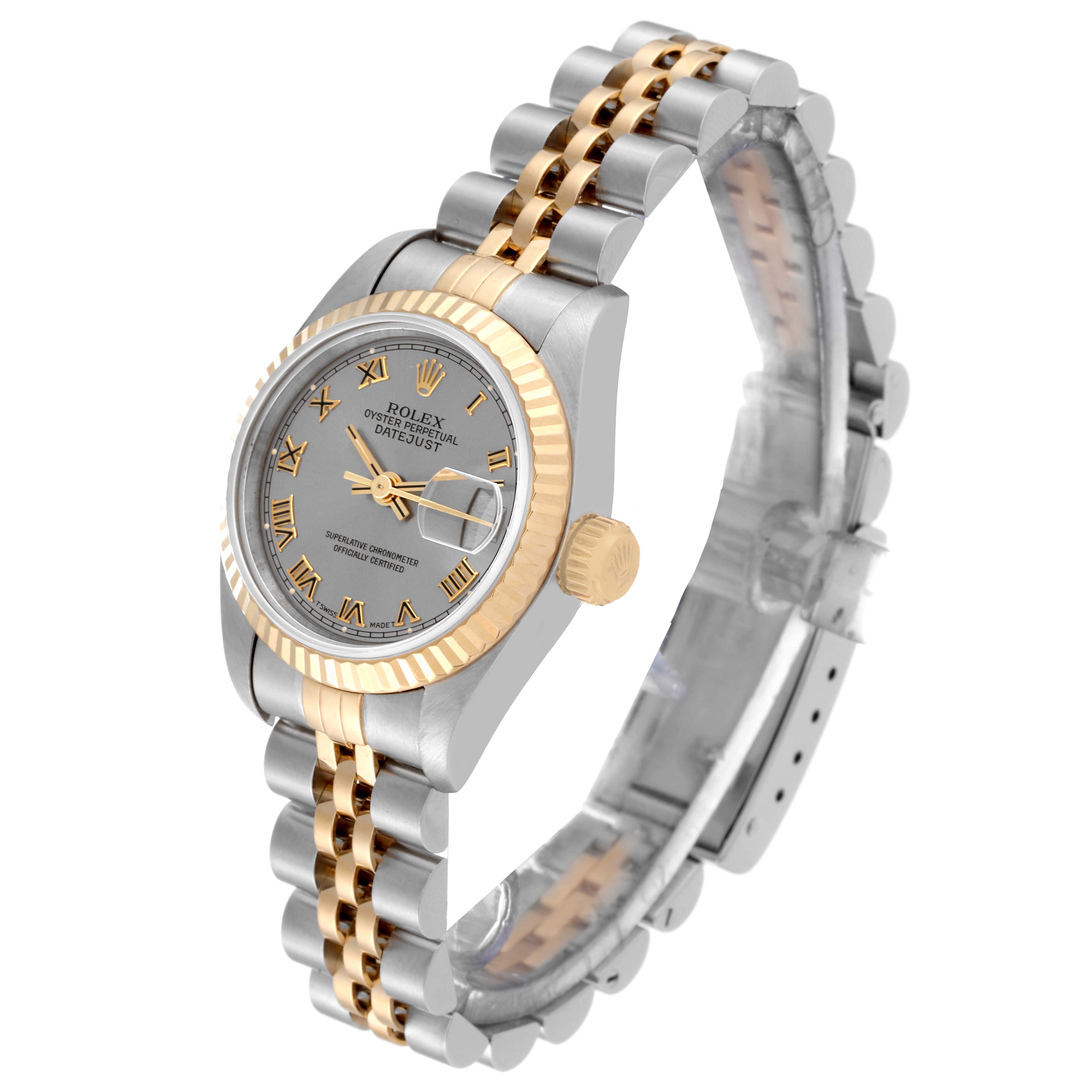 The Rolex Datejust 69173 Women's Steel and Gold (two tone) Grey Dial 69173 Women's Steel and Gold (two tone) Grey Dial watch is shown at a slight side angle, highlighting its dial, bezel, crown, and two-tone bracelet.