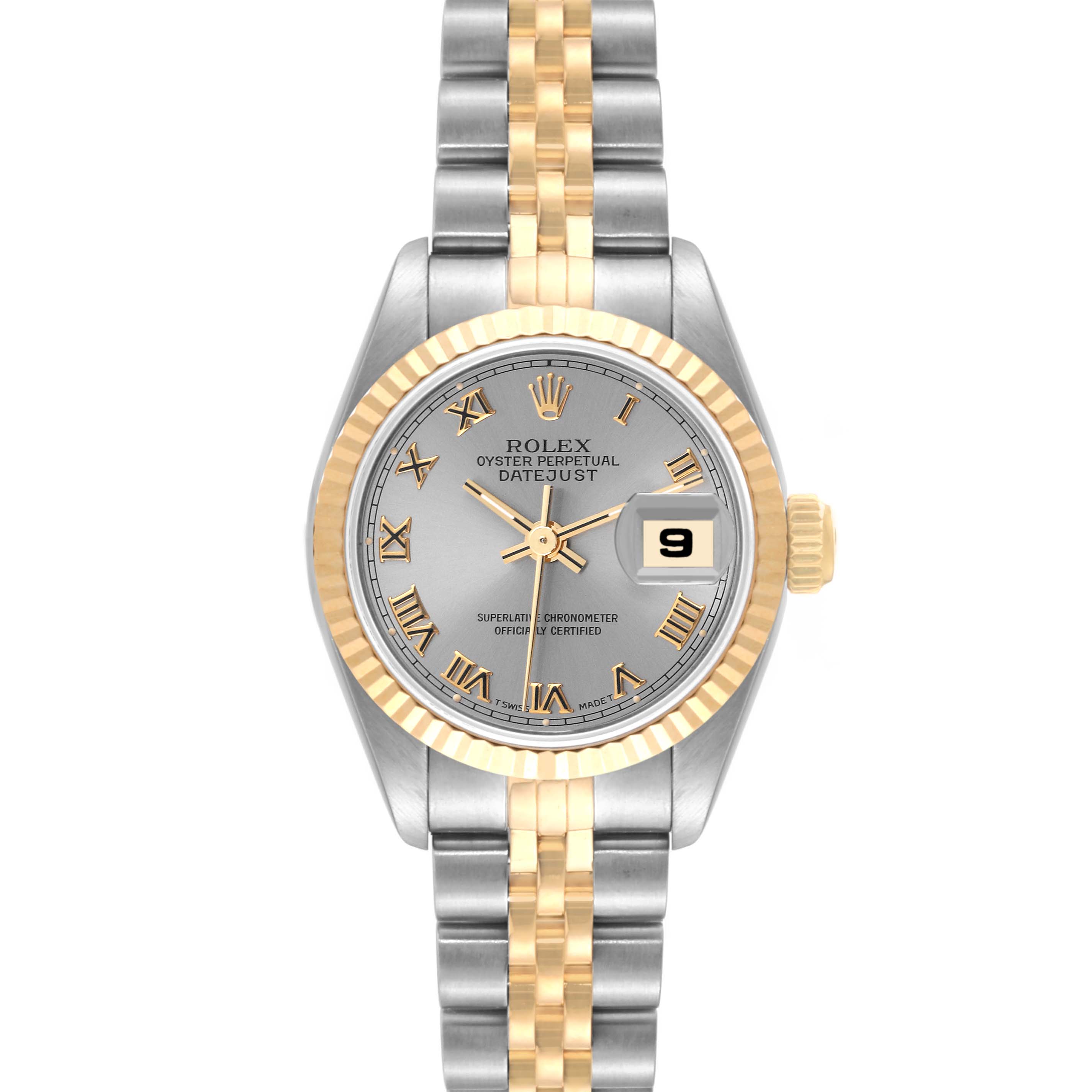 This image shows a front view of a Rolex Datejust 69173 Women's Steel and Gold (two tone) Grey Dial 69173 Women's Steel and Gold (two tone) Grey Dial watch, featuring a two-tone bracelet, golden fluted bezel, and date display.